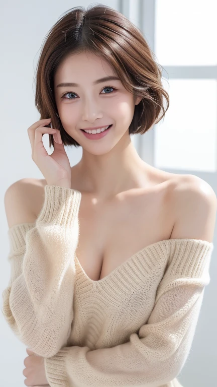 ((8k, highest quality, masterpiece、Realistic、Ultra-high resolution))、((Japanese women))、((Black Short Hair))、(Small breasts)、((thin thin eyebrows))、(((A mole in the corner of the eye)))、((Face is golden ratio))、smile、Town、((Beautiful Face))、Beautiful Eyes、Delicate face、Tight jeans、White blouse、(From the knee up)
