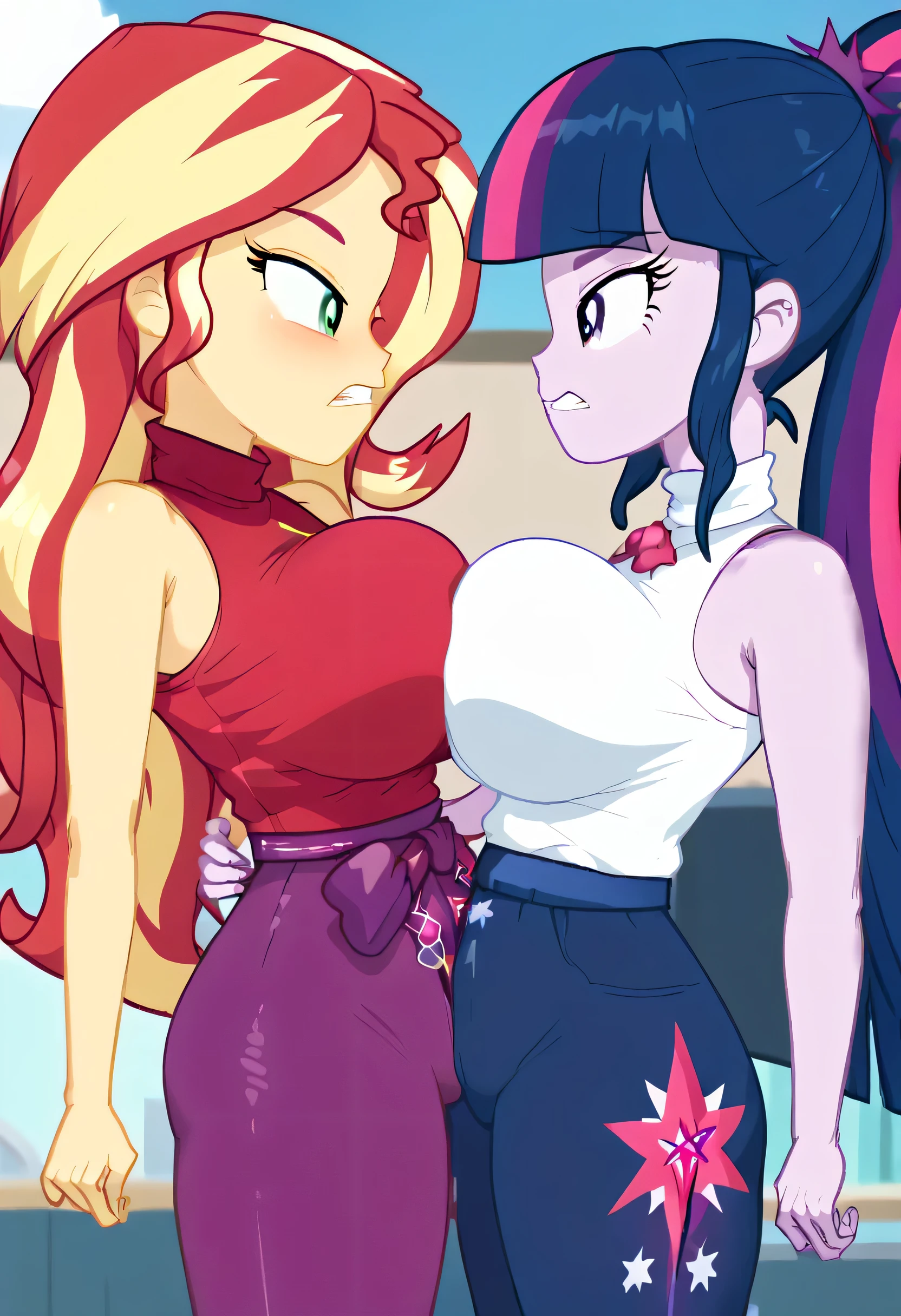 explicit, score_9, equestria_girls, cartoon, sunset_shimmer, starlight_glimmer, duo male, two girls and male pov, female, male, male pov, open fly pants, briefs, underwear, offscreen character, pov, View of the open fly in the pants and the girls located between the MC's crotch.