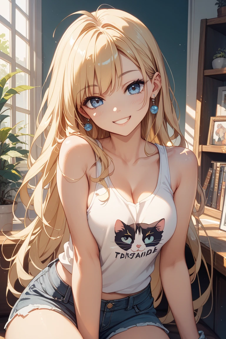(highest quality:1.2, Very detailed, up to date, Vibrant, Ultra-high resolution, High Contrast, masterpiece:1.2, highest quality, Best aesthetics), Portraiture、girl、slim, Bright colors、Beautiful fine details、Beautiful lip detail、long hair, ((wavy hair:0.4))、messy hair, blonde and blue ((streaked hair:1.3)), highlights hair: 1.3, midium breast, (tan skin:1.3), 、t-shirt、(Holding a black cat to her chest:1), sofa, ((smile:1.4)), cowboy shot,, She is accompanied by her faithful friend, black cat
