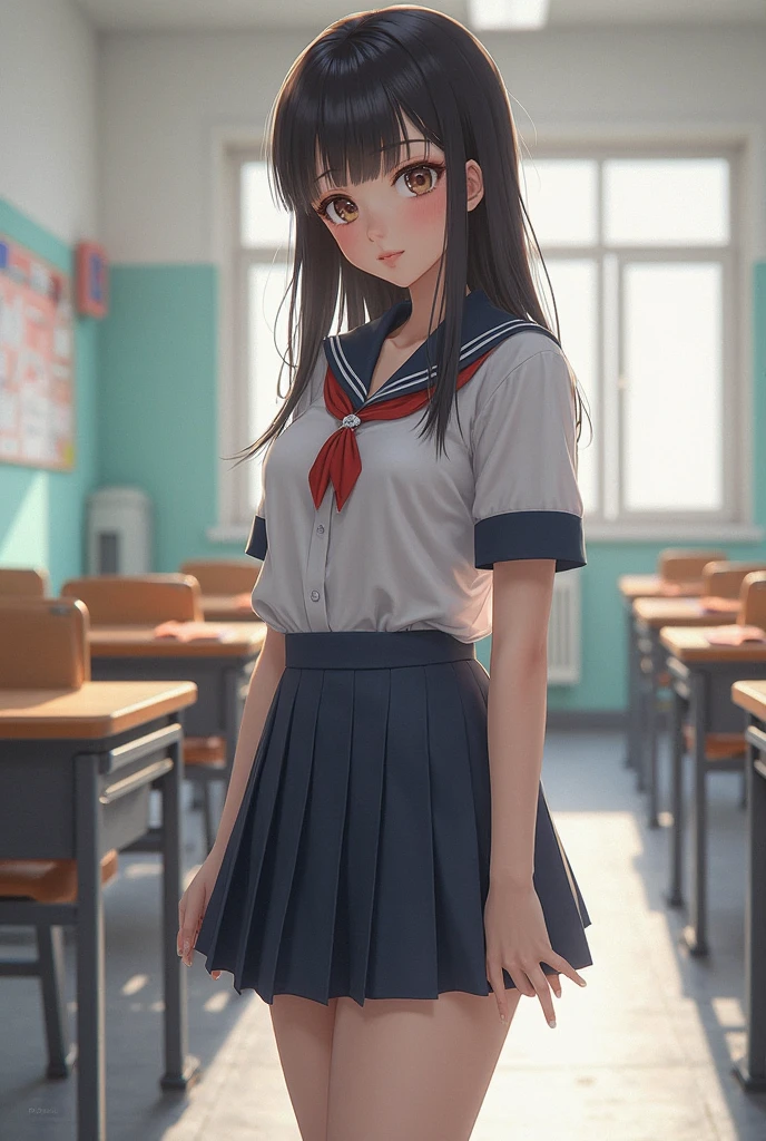A high school girl with a skirt, socks, and some round glasses on top