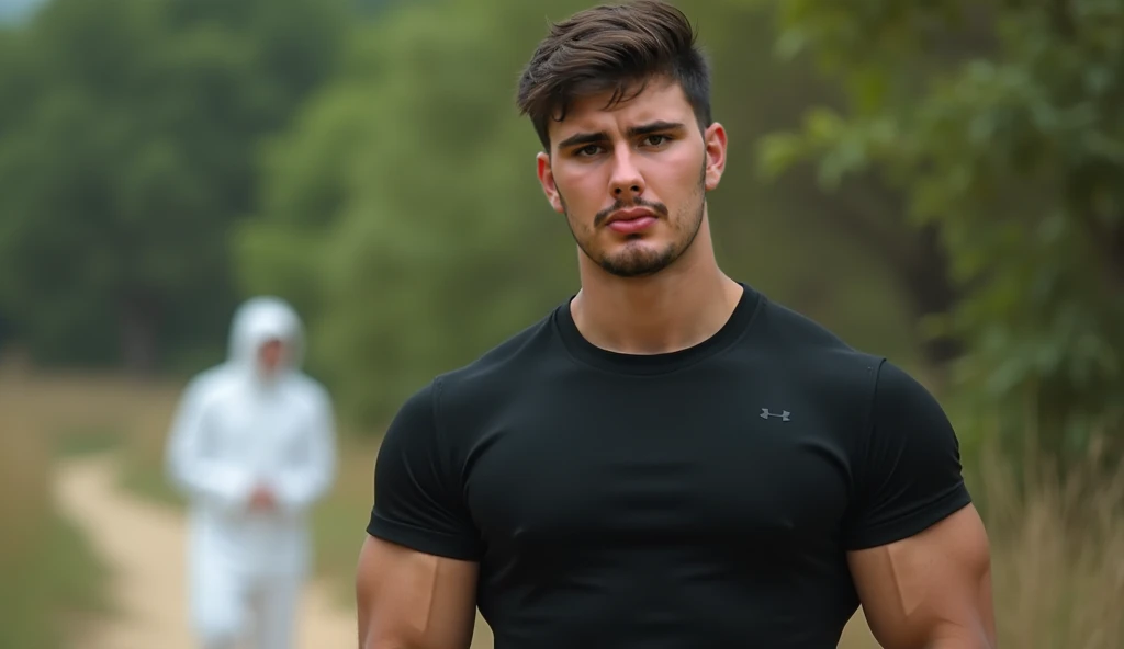 Super-realistic photoshoot of a handsome fashion model, athletic muscular body, beautiful outdoor background, wearing T-shirt, low key image, sharp texture, clear focus, 4k, 8k, shot with Hasselblad