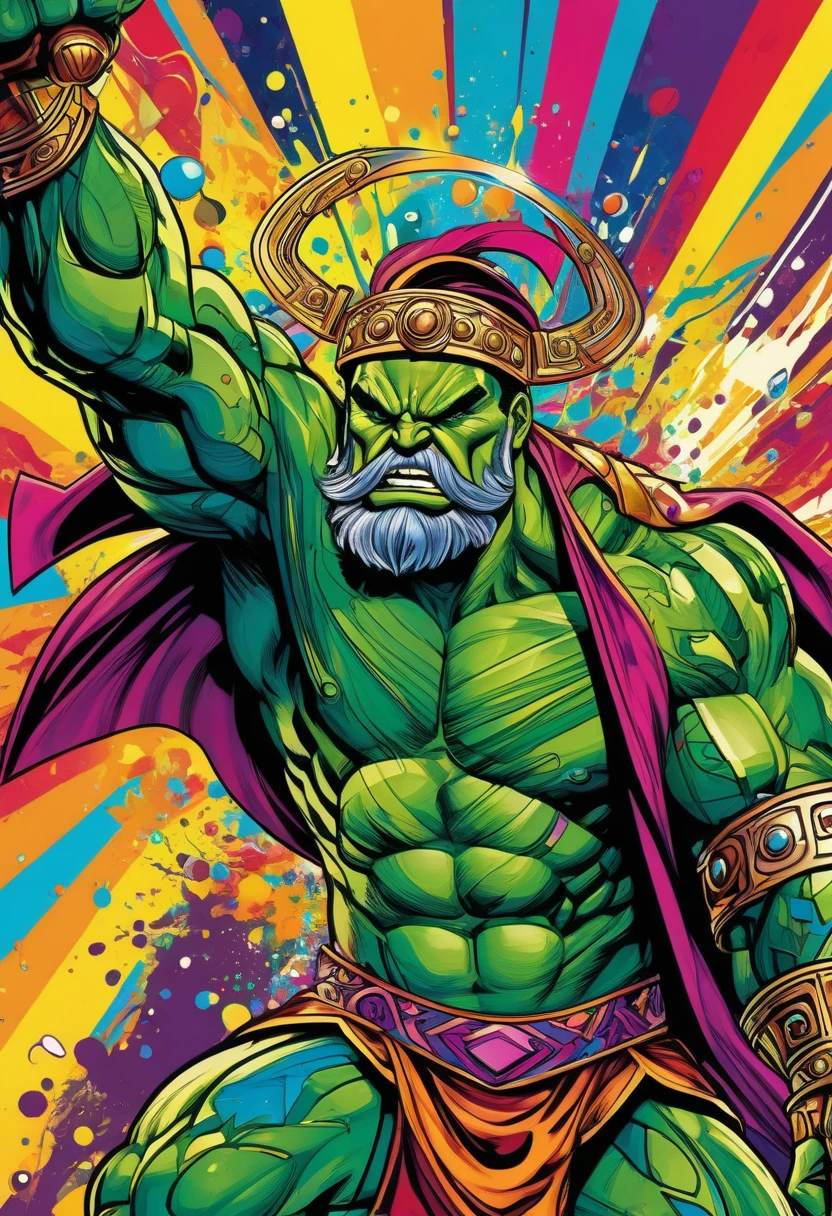 in style of jack kirby's and marvel comic's torgo the ai lifeform gladiator and ruler of Mekka is a fierce warrior that leads the Hulk-Hunters. ,concept design, abstract art style, colors, bold brushstrokes, playful, trendy, art deco, high contrast, unique composition, abstract, (((masterpiece, good quality, intricate details, high quality, best quality, 8k, in focus, sharp focus)))