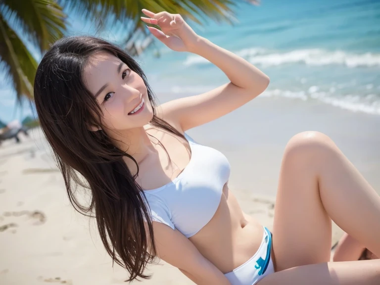 Summer TV commercial style, beautiful girl, smile, fair skin, beautiful skin, model pose, high quality, high definition