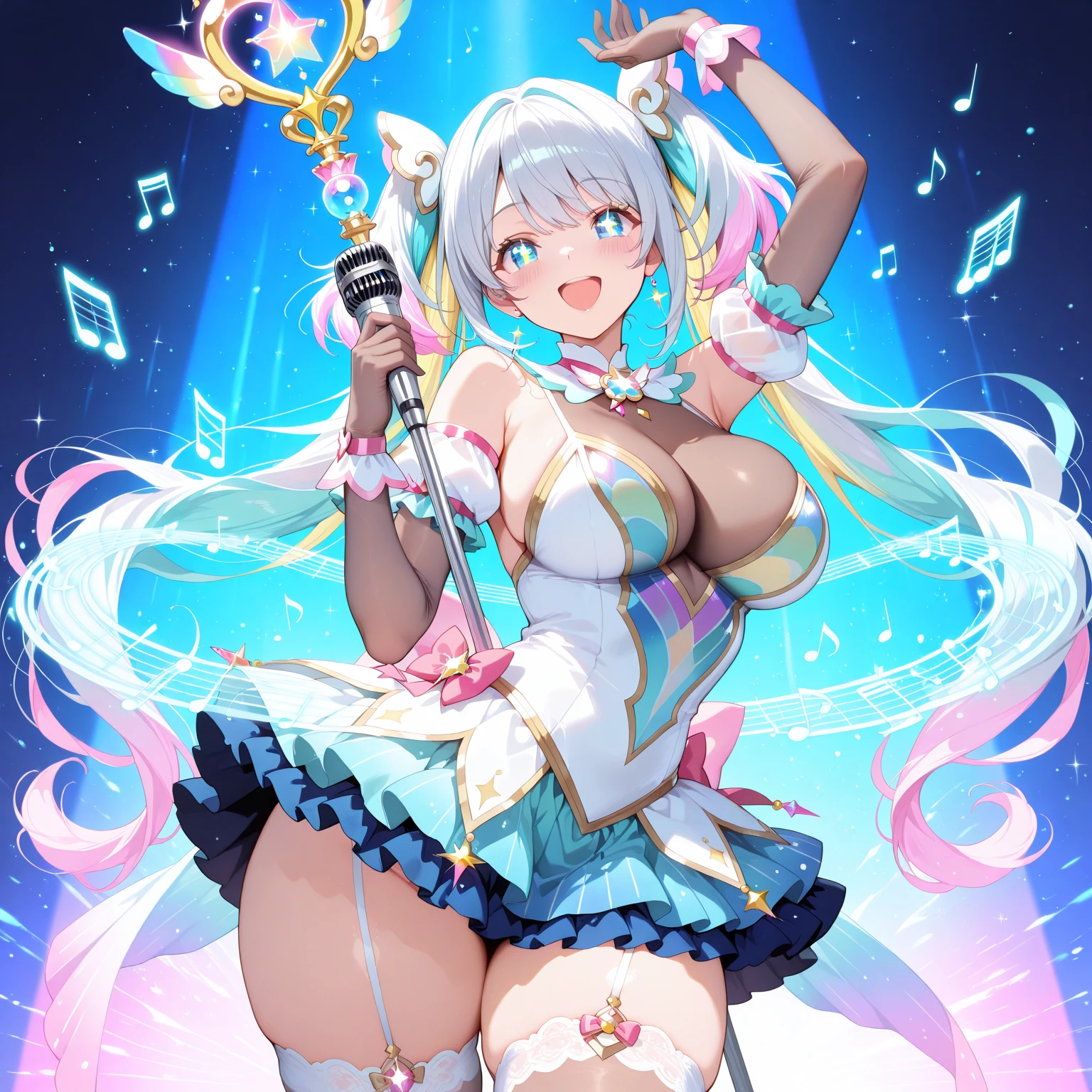 A beautiful and busty idol singing with a microphone