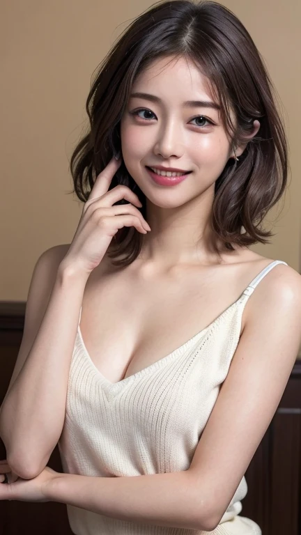 highest quality:1.3, masterpiece, Ultra-high resolution, realistic:1.3, solo:1.3, ((Clear Face)), sidelighting, cowboy shot, (looking at camera:1.3), white background, (wet t-shirt lift), nipple standing, (big busts), smile, arms behind back