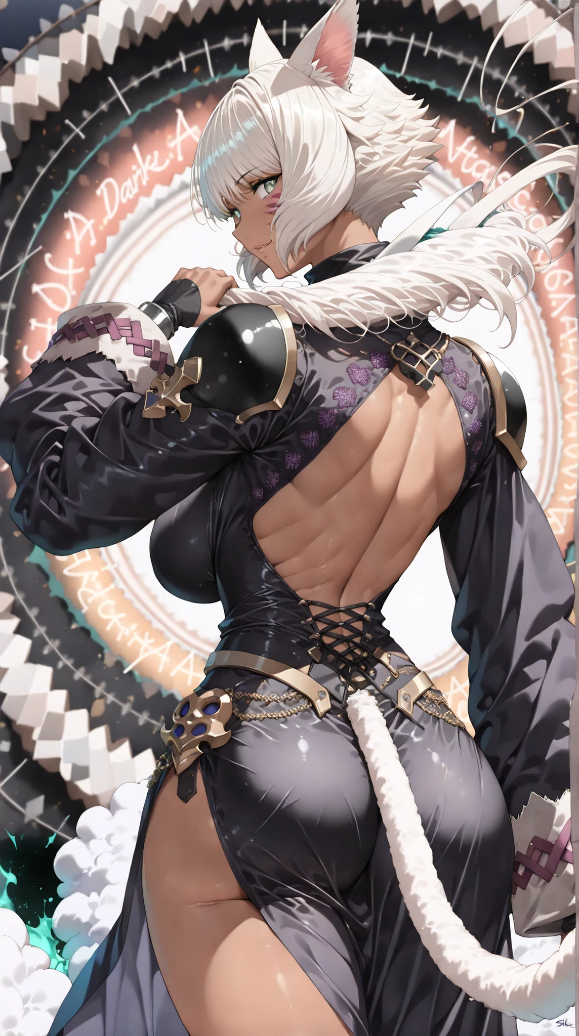 ultra-detailed、highest quality、Highest image quality、master piece、8K、blonde curly hair、(SFW huge body)、(((Rear view)))、cowboy shot、Wearing a thong