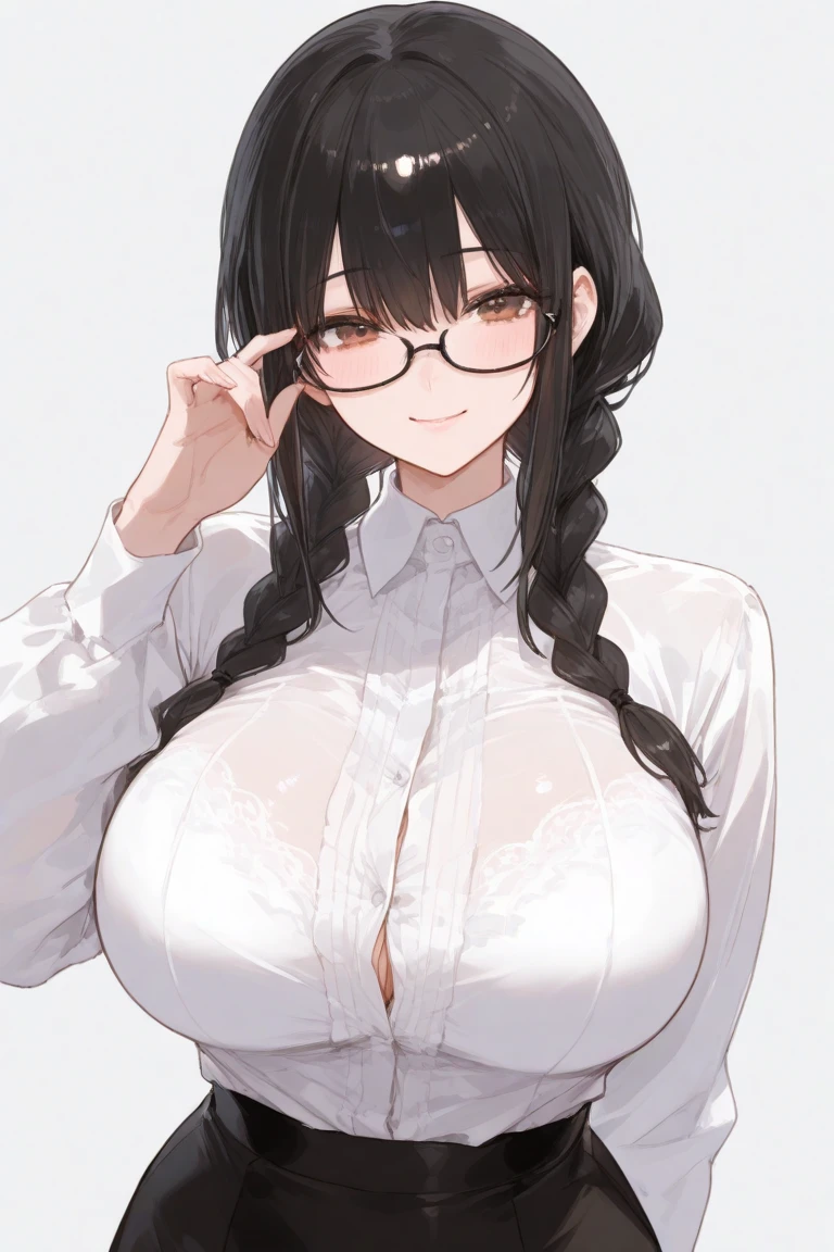 Human female milf , eyes half close , Black pupils,Brown Tied long hair ,nerd Glasses ,big wide hips , Huge Breasts ,lips , big forehead , anime Style
