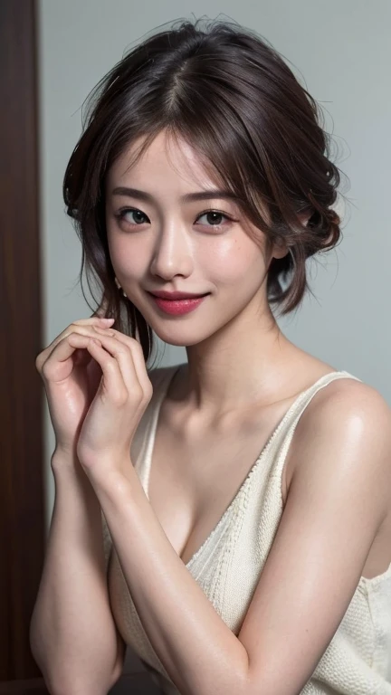 One Japanese idol, (RAW Photos, highest quality), (Realistic, Photorealistic:1.4), Tabletop, Very delicate and beautiful, Very detailed, 8k wallpaper, wonderful, In detail, Very detailedなCG Unity, High resolution, Soft Light, beautiful detailed 25 years old, Very detailedな目と顔, Beautifully detailed nose, Beautiful fine details,Cinema Lighting,City lights at night,thin,smile, (Medium Hair, My hair is messy, Asymmetrical bangs, Light brown hair)
