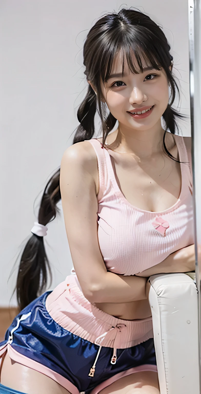 (8k、Raw Picturey、Best Quality、masterpiece:1.2),(dark haired、short twin tail:1.6),reveal 1 showviewer,looking straight ahead,,white skin,{{(schoolgirl wearing wet pink panties and white tight shirt::Smile 1.6}}}): teardrop bags:mascara:Double Eyes ::(Clothes that accentuate the shape of the breasts、Exposing skin:1.9)、(clothes with open chest :1.Show rim body shape、super high resolution, beautiful , beautiful fece,(Alone, Alone、no background:1.9),Full Bodyボディー,Japanese woman,(Photoreal:1.37)、photon mapping,reality、(Baby-faced and cute: 0.3)、(cute smile: 1.7)、(round face: 1.8)、radio city、physics-based rendering from the front、Blurred background、Picture, (I can see your knees,thigh close-up、Pink high leg shorts:1.6),Full Body、Super Fine