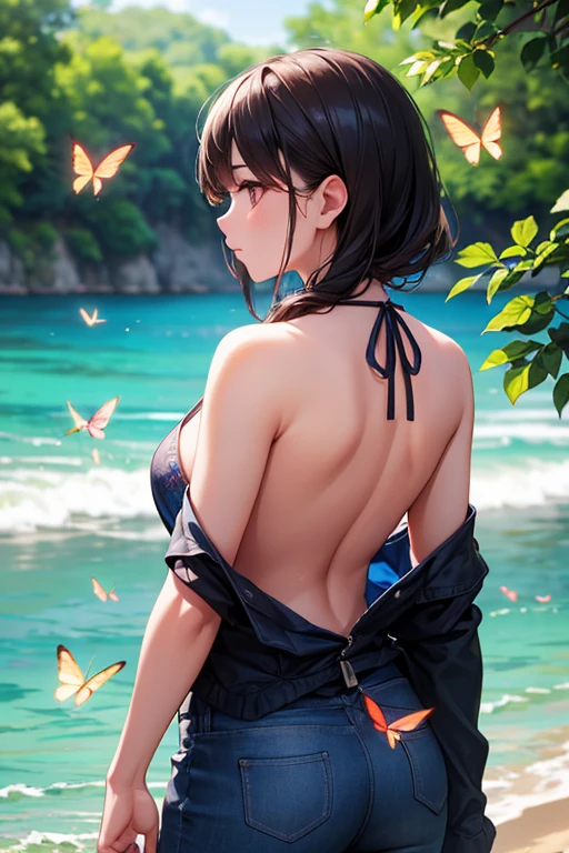 (Representative work: 1.2), (Best quality: 1.2), Solo, One girl, Shinobu little butterfly, happy smile, On face, Realistic eyes, Lilac eyes, Wet face, Black hair, (white swimsuit: 1.4), Taisho era, rear view, shows ass