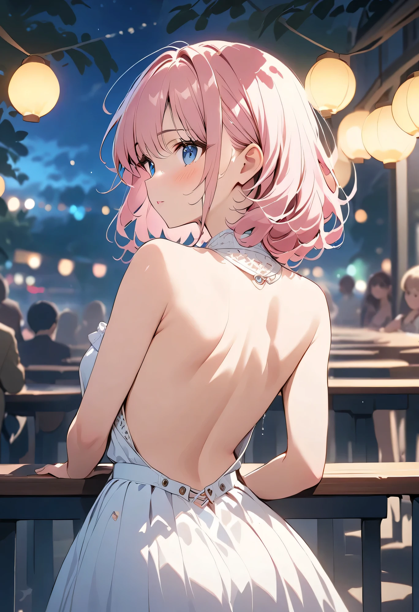 Best Quality、high resolution、(High Definition:1.4)、masterpiece、Detailed Background、Highly Detailed Faces、detailed eyes in the classroom、Women in their 20s、anatomically correct、Perfect body lines、slightly trembling shoulders、her soft hair hangs over her nape、Midnight Illuminations、Midnight amusement park、Date at night、slightly happy expression、A romantic sight、
(Defenseless and Cute Woman Who Can See Her Back by Lowering Her Back:1.5)、(A defenseless woman whose smooth back is revealed little by little:1.5)、
Her skin is slightly raised in contact with the air、she takes a small breath、her defenseless appearance is unexpectedly eye-catching, but、She doesn't seem particularly concerned and just tilts her neck lightly、elegant Gently stretch your fingertips Touching the zipper on her back、
Casual off-the-shoulder outfit、top with lace-up back、with a tight skirt for just the right amount of looseness、Wear sandals for a rough look、Elegant but slightly daring、Defenseless cuteness