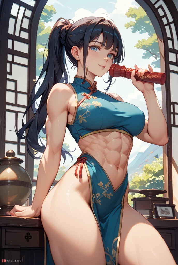 ,girl,beautiful face, muscular female, alternate muscle size,black hair,green hanfu,muscular thighs,spring,muscular ,biceps,white lace trim legwear,abs