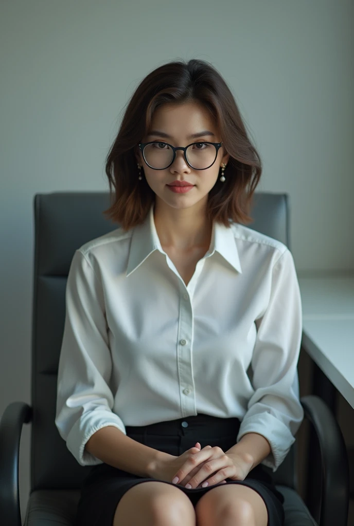 A capable and career-oriented Japanese woman　Glasses　bangs　Brown Hair