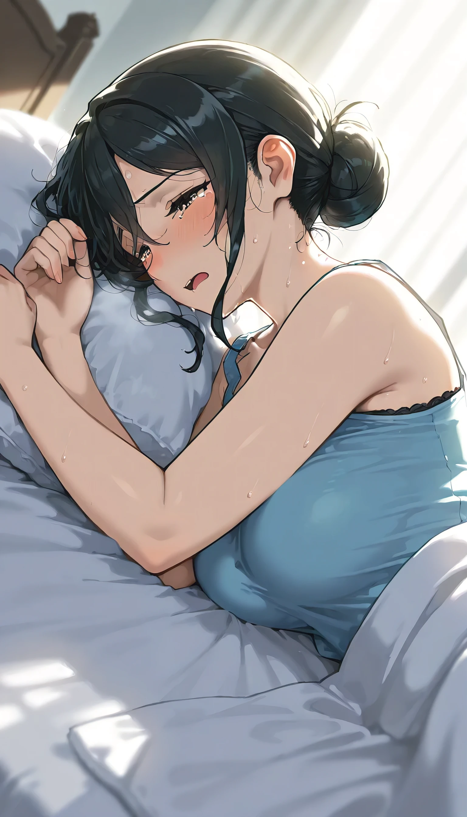 muscular yellow eyes pale skin girl sad cleavage blushing frown sweaty big breasts black hair perfect quality, (((silently raped lying on her bed by an intruder))), (((assaulted by a man))), ((dark)), (((dramatic shadows))), ((cry)), ((scared)), ((next to her sleeping husband))
