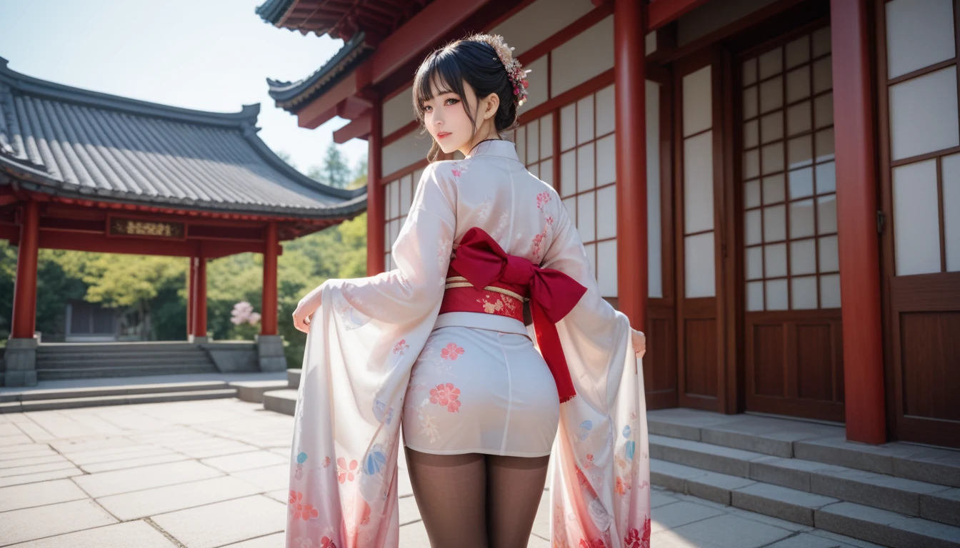  score_9,  score_8_ up,  score_7_ up, s uper detailed,  Hausmo style   , 32K,   Breakfast Masterpiece  , top quality, s uper high definition ,nsfw,  Official Art,Big Breasted 、  stand on all fours, トップダウン・ボトム up,   Split Leg Forward Bend, Angle from behind , kimono,small face