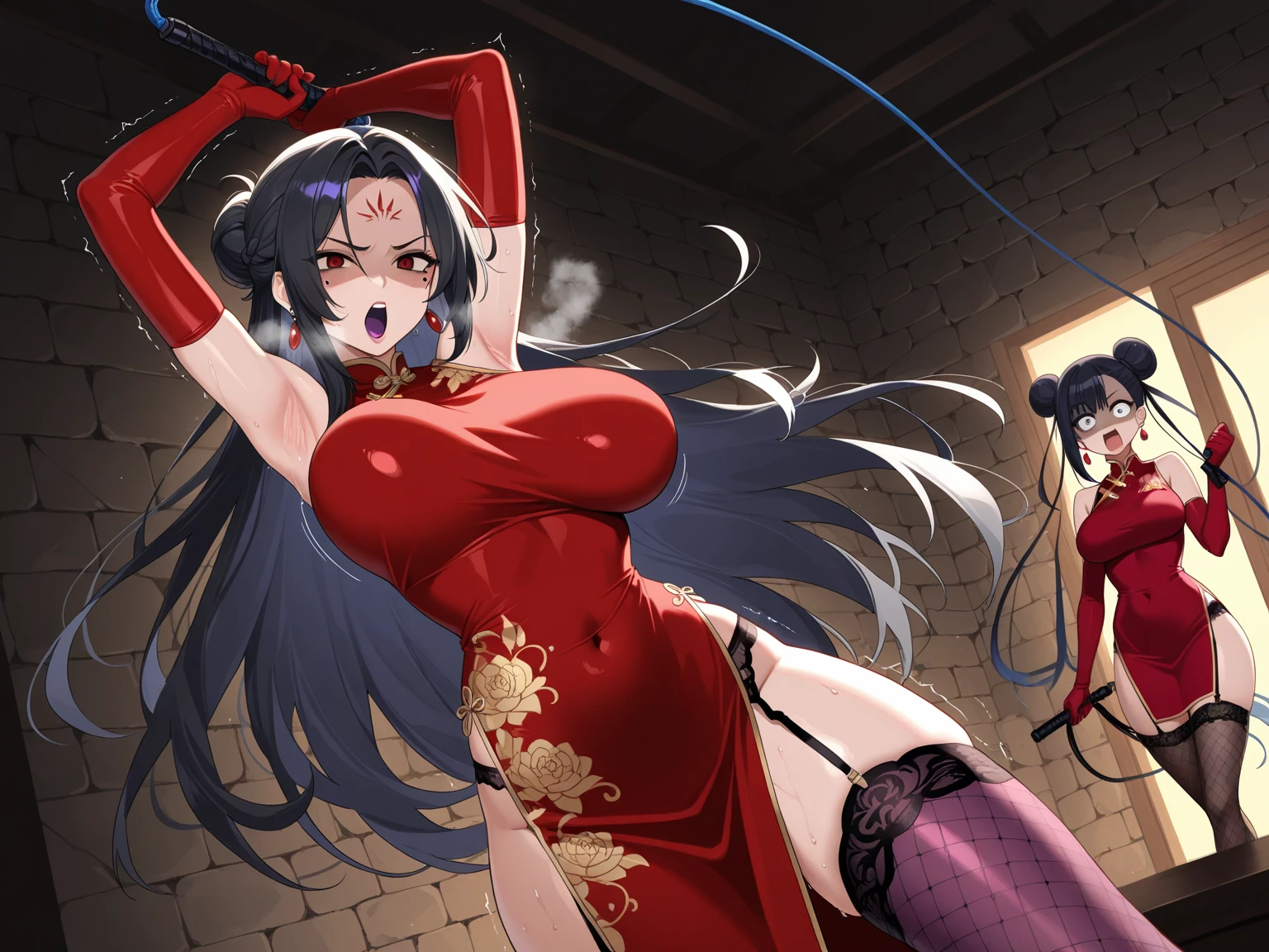 nsfw, an girl is getting fucked with a big snake toy by a big, naked guy, 1girl, large breasts, snake, nipples, japanese clothes, kimono, (open clothes:1.3), long hair, cum in pussy, black hair, obi, vaginal, red kimono, sash, blush, uncensored, solo, split, tongue, bestiality, cum in pussy, sweat, steam