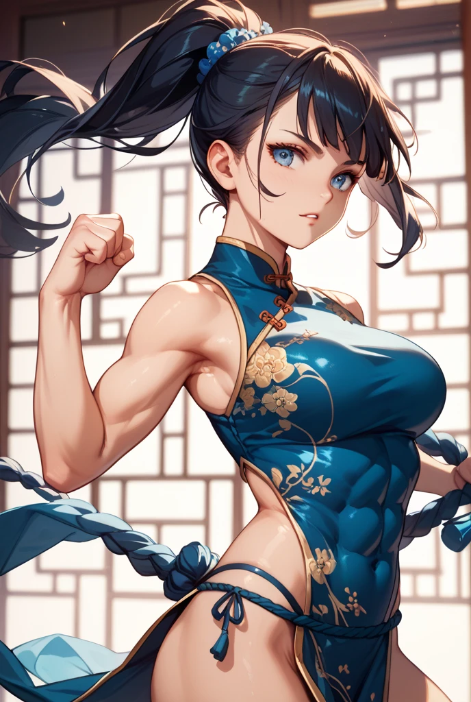 (masterpiece1.5),hyper quality, Hyper Detailed,Perfect drawing,NFSW、Beautuful Women、lustrous beautiful skin、Proud look、Melancholy look、(((Beautiful muscles)))、(((beautiful outfit)))、Beautiful panties,3D、16K illustrations、((clearface))、Hi-Res、Nice backgrounds for your subject、beatiful backgrounds、spot light、Vibrant colors、(((Detailed drawing)))、Perfect Beautiful Girl、(((Perfect Photo)))Woman in blue and blue clothes wearing skirt、Picture holding up something red, 1girl in, Solo, very beautif, cleavage, Black hair, cleavage cutout, chinese clothes, Looking at Viewer, Clothes Cutout, Hair Ornament, Ponytail, Large breasts, Dress, thighs thighs thighs thighs、Beautiful muscles、beatiful backgrounds、beautiful outfit、Beautiful decoration