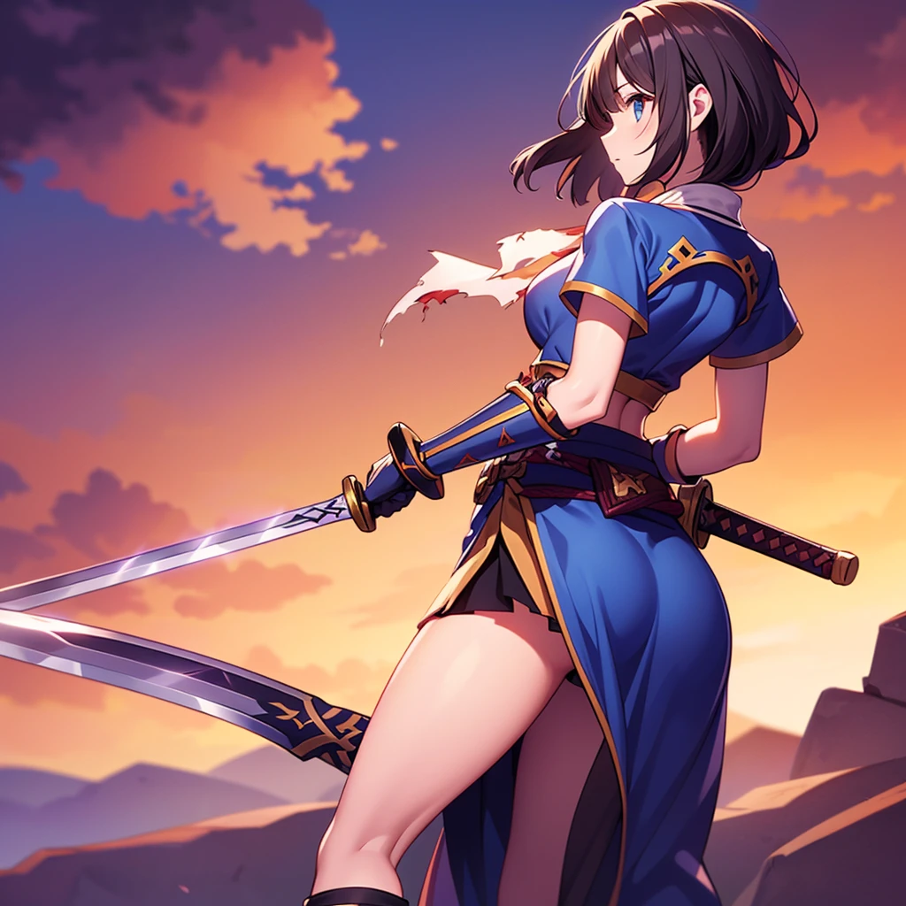 Only One Beautiful detailed girl with green wavey hair in Yamato Nadeshiko style, Break,short haircut, wearing blue leotard, Break,off-shoulder, black pareo skirt, Break,red cloak, Break,circlet, wielding evil sword, fantasy Dragon Quest inspired scene , highest quality, 8K, highly detailed faces and bodies, masterpiece, high quality, realistic,photorealistic, detailed description, vibrant colors, studio lighting, physically based rendering
