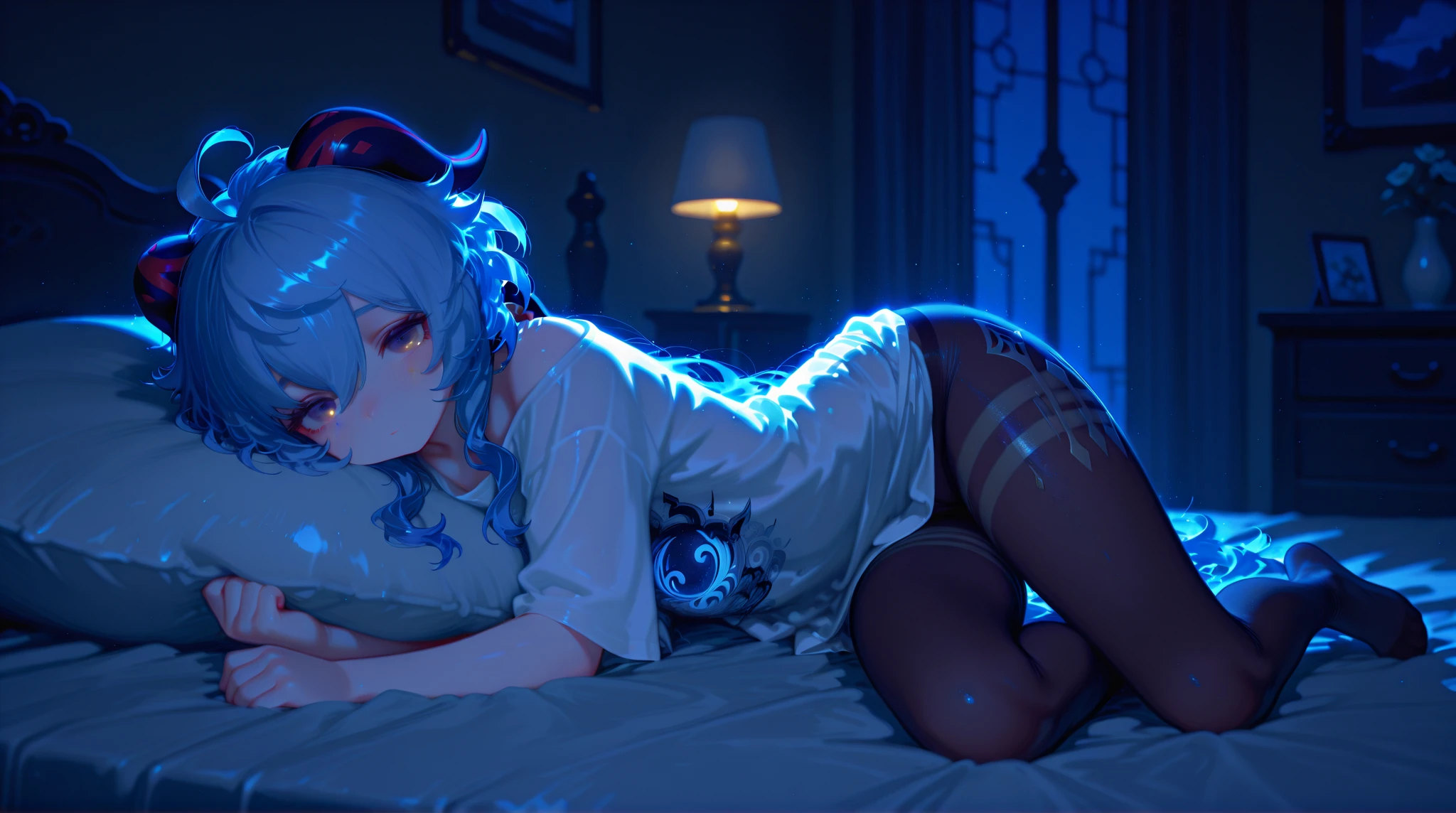 A woman wearing a bathrobe and headphones is lying on the bed、A beautiful night view behind、Big Breasts、sexy、Room with a night view、Moonlight、Unbuttoned、Beautiful woman looking back、Butt、Beautiful buttocks、Downlight、full moon、Stylish room with fireplace、Silver Hair