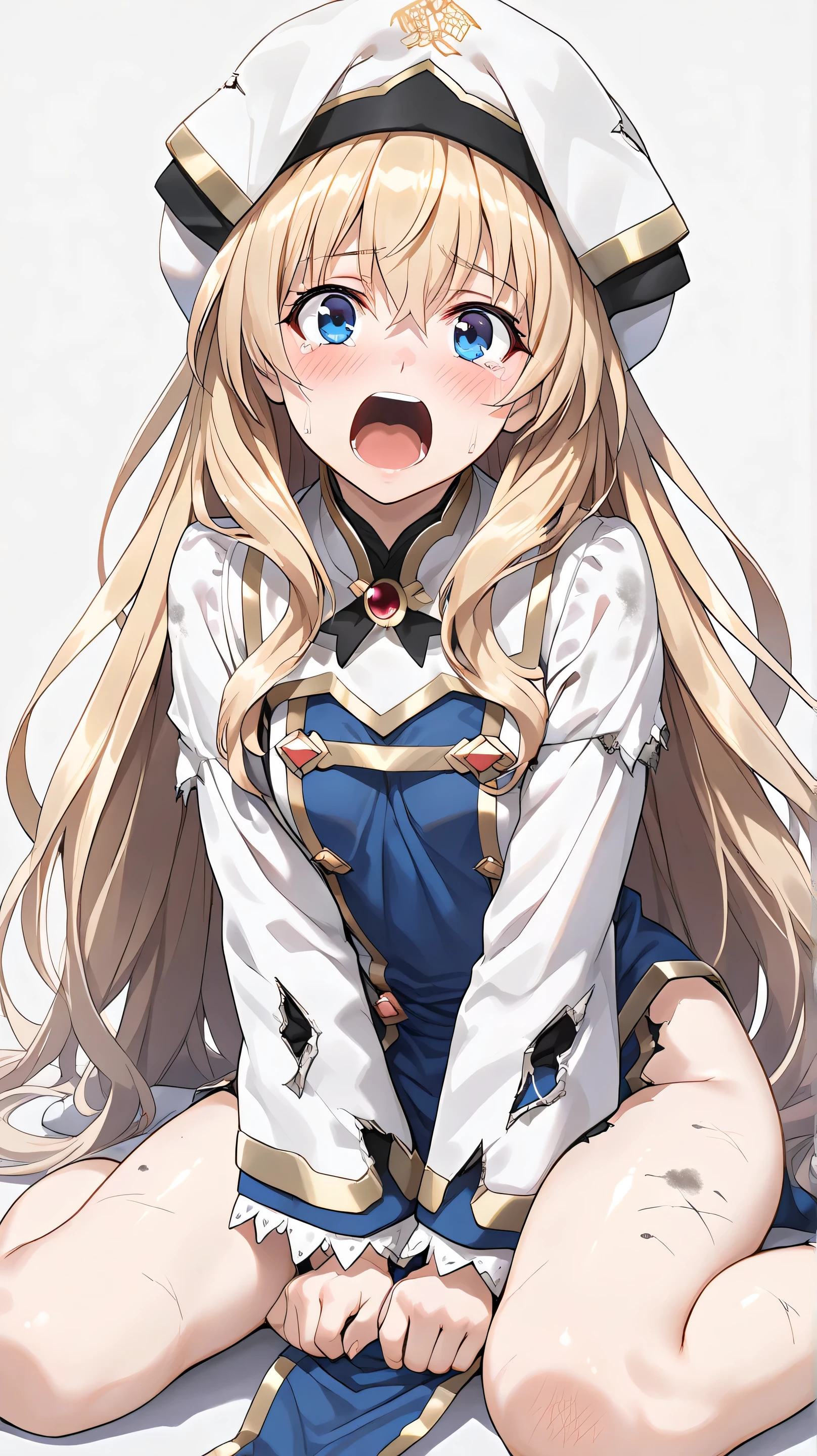 ((Top quality)), ((masterpiece)), (details),
High resolution, super detailed, very detailed CG Unity 8k wallpaper, real, photorealistic,
Beautiful fine face, detailed face.
Pale skin, realistic shining skin.
Detailed fabric texture, detailed hair texture.
(Eyes with attention to beautiful details: 1.5),
(Small hand), ((perfect hand)).
Slim legs, detailed legs.
((Perfect Anatomy)).
Perfect lighting.
Break,
A girl,age:14, shrine maiden, goblin slayer, (long hair, golden hair:1.3), blue eyes,
((short stature:1.3)), (slender:1.2), (chest:1.3), (butt:1.2), (pubic hair:1.1),
break
long sleeves, loose sleeves, white hat,
break,
Simple background,
break
(damaged long sleeves:1.3),
(damaged loose sleeves:1.3),
(damaged white hat:1.3),
break,
upper body, closed eyes, (tearful:1.3), ((screaming:1.5)), (blushing:1.3),
(wariza:1.2), (V arms:1.2), (dirty skin:1.3),