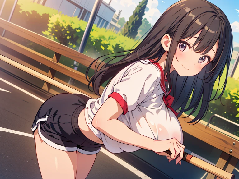 2 Asian girls, both farting together side by side, desperate to poop, farting while sitting in car, sitting down, wearing sports outfit, stomach bloated, hangs holding stomach, pained expression, shocked and embarrassed, mouth open in shock, sweating, blushing, beautiful and cute face, anime art style, fit body, tall and thin, view from back