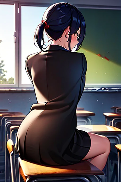 Young girl with blue hair,short straight hair and short bangs (purple eyes),, ((small bushy eyebrows)), wearing gothic lolita clothing, lolicon , large breast, breasts out of blouse, walking to school, bored look, bored face,, suddenly having sex in public, ((doggy style sex)), ((public sex in a restaurant)) naked ass in the male crotch, perfect anatomy, young boy fucking her
