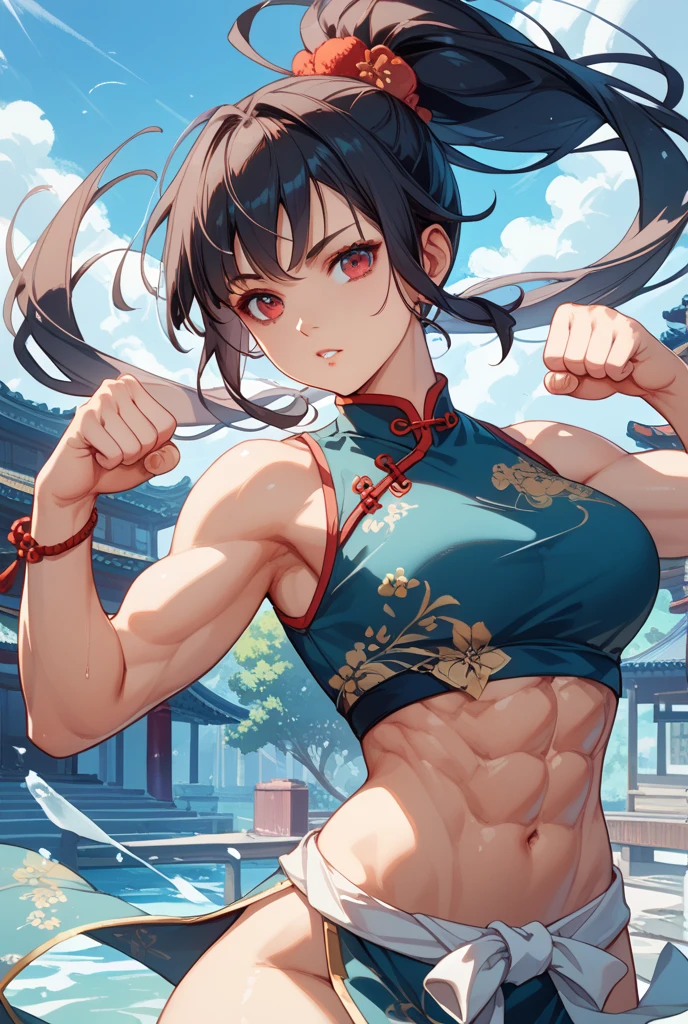 fit woman and doing a knee strike, six pack, no men in background , Chinese dress crop top, and leggings, full body portrait