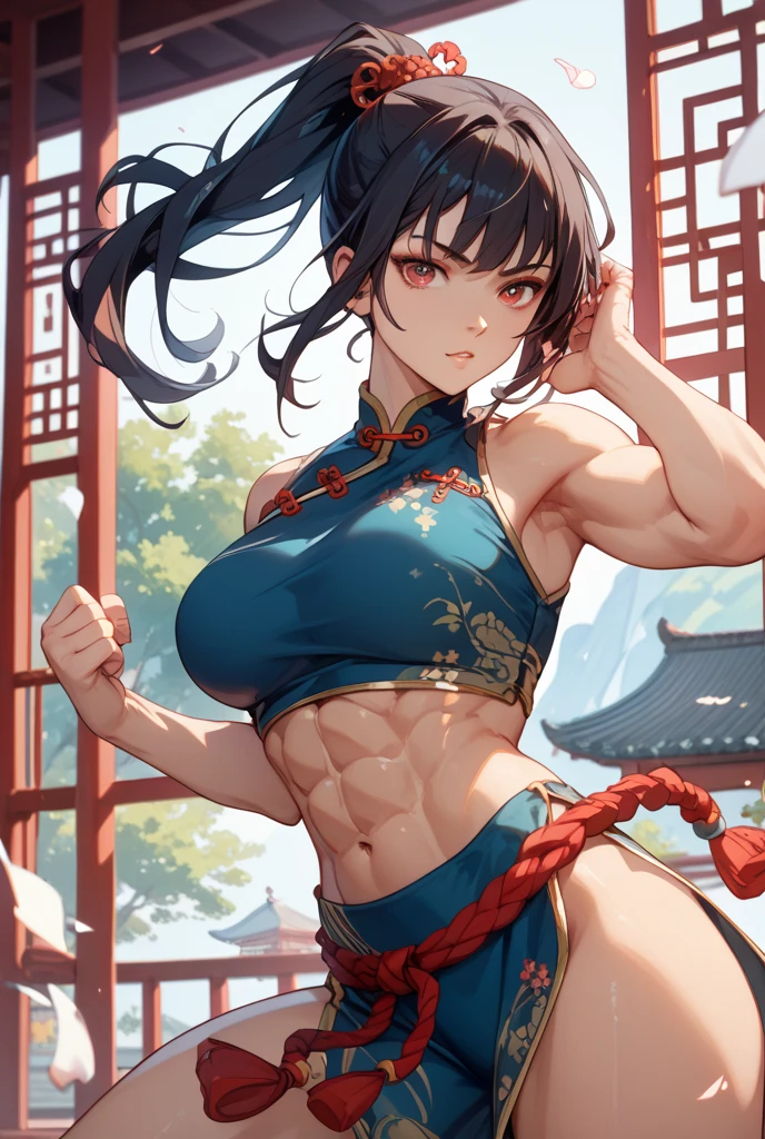 ,girl,beautiful face, muscular female, alternate muscle size,black hair,green hanfu,muscular thighs,spring,muscular ,biceps,white lace trim legwear,abs