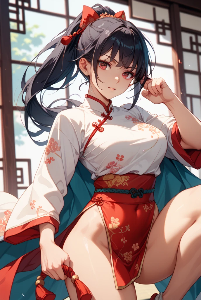 ((4k、8k、top-quality、perfect fingers: 1.3、perfect anatomia: 1.3、Background blur))、((sixteen years old、a beauty girl 、a baby face、Black and white Japanese leotard shrine maiden uniform、long straight hair、beautiful big slanted eyes))、Happy smiling face、Full body display、blue sky and summer meadow、