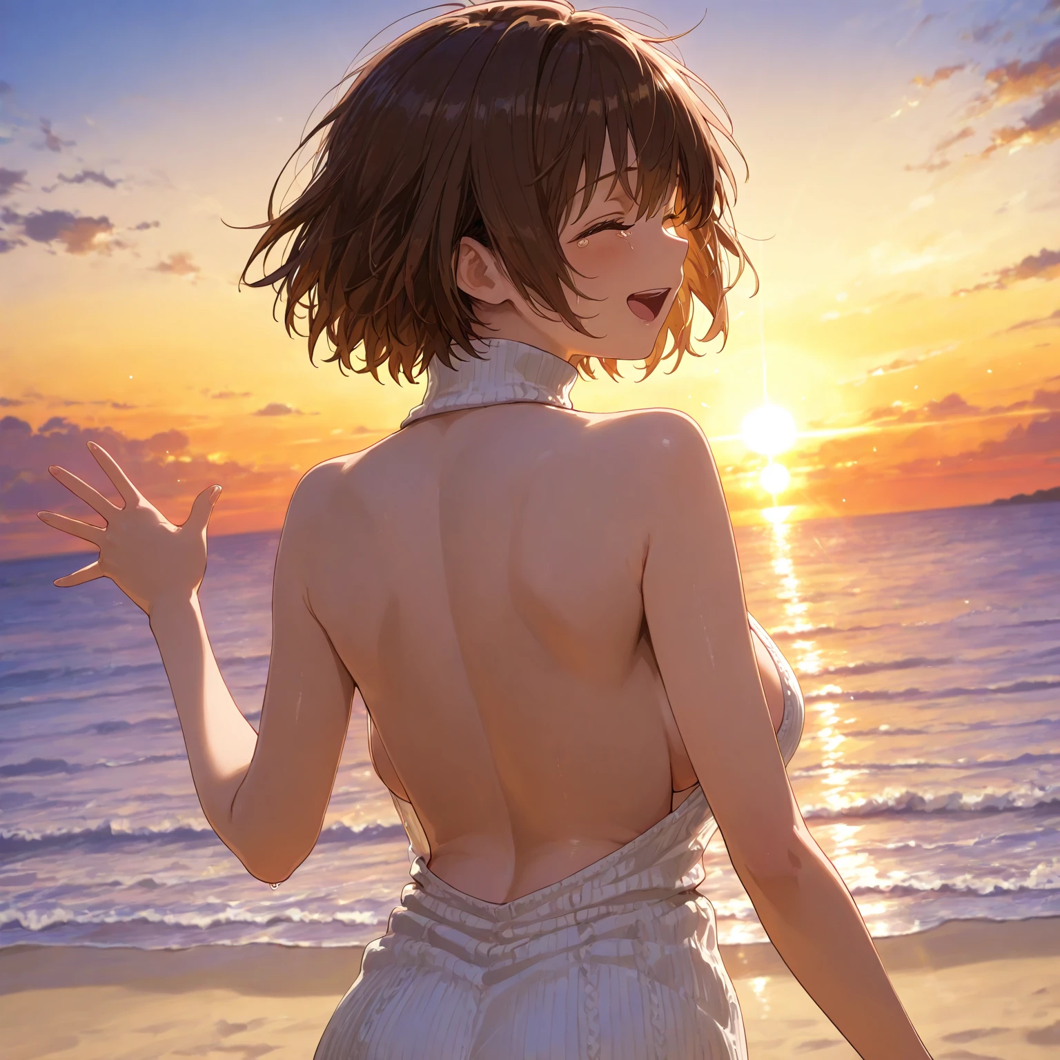 (masterpiece:1.2, highest quality), (realistic, photorealistic:1.4), beautiful illustrations, (natural side lighting, movie lighting), looking at the viewer, Upper body, (Front view), 1 girl, perfect face, Cute symmetrical face, shiny skin, baby face, long eyelashes, (medium breasts), (wide hips),beautiful hair, beautiful face, fine and beautiful eyes, beautiful body, beautiful breasts, beautiful thighs, beautiful feet, beautiful fingers,beautiful hands,(beautiful scenery),(cute smile:1.2, upper grade),schoolgirl:1.1, close ass, pov behind her, facing back, lying on beach,large ass,(top ass:1.2),(blonde hair),(brown skin:1.2),focus ass,(short cut:1.5),(topless:1.2),nsfw