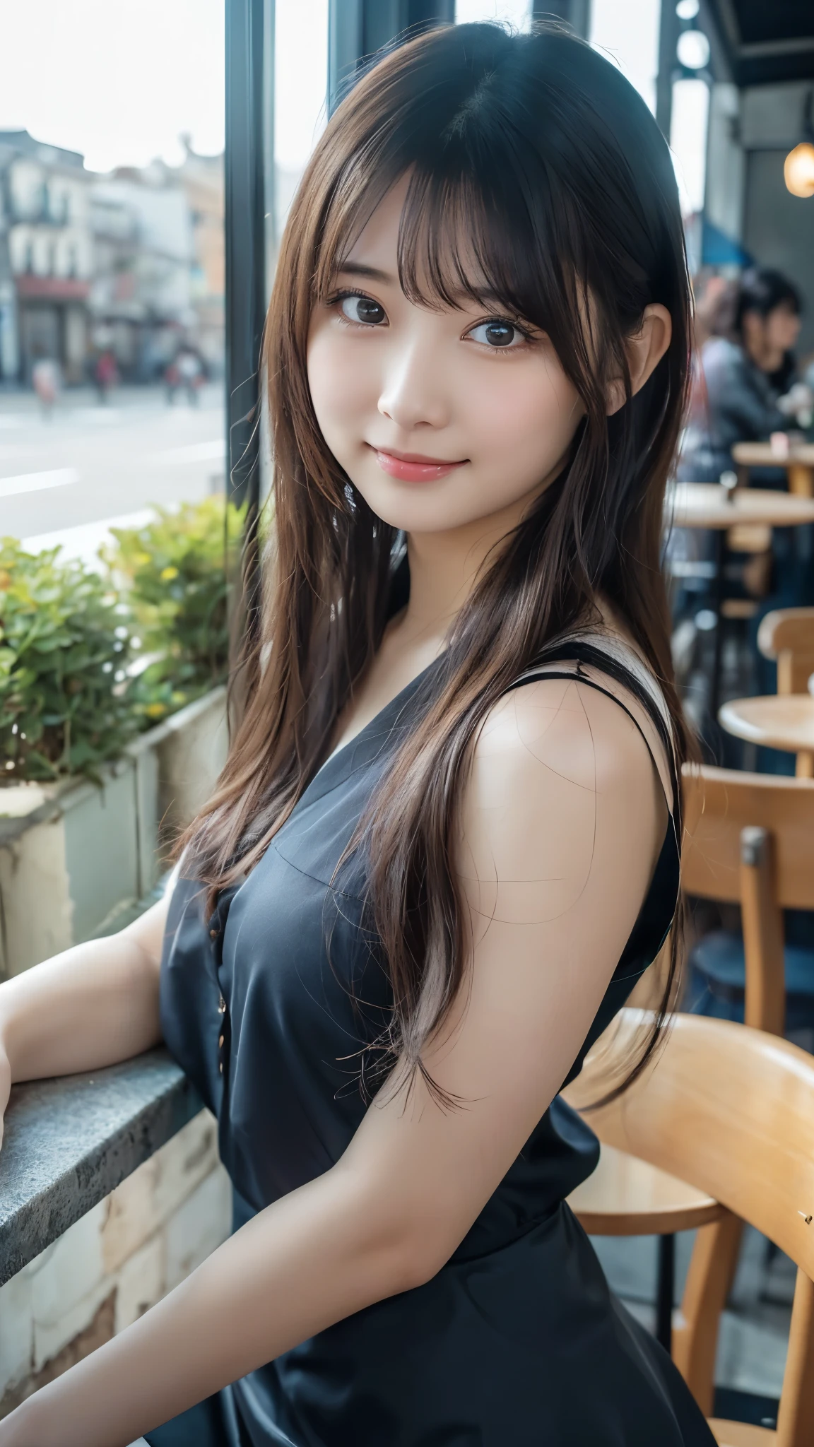 A beautiful Japanese shy girl, age 20 years old, light brown long hair, brown eyes, shiny lip, dark eyeliner, a sexy look expression, shiny hair and shiny body, wearing black plaid Knot Strap Pleated Ruffle Hem Cami Top And Skirt Set, shiny thighs, in dark Cathedral, light shine in, Photo with blurred background,