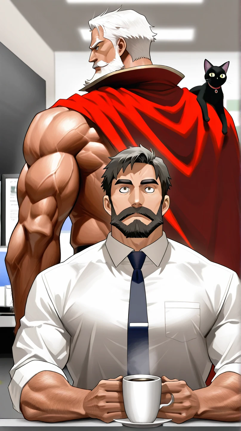 Several characters on the scene (a doctor, several muscular men). A doctor, exaggeratedly muscular, black and white hair, black eyes, scars across his mouth, swollen lips, masculine face, maniacal smile, obscene expression, sweaty, oily skin, huge chest, muscular thighs, huge biceps, wearing a white medical coat, rectangular glasses, black dress pants (fitting), black dress shoes. The doctor is in a dirty asylum (walls stained red), with several Zombies (muscular) men, naked backs, obscene expressions, caressing themselves in a sexy way.