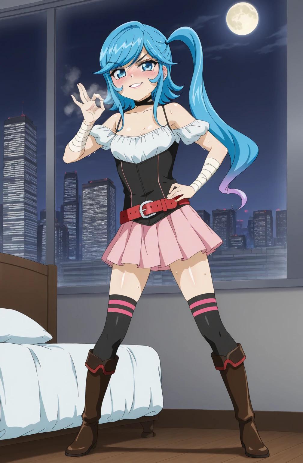 solo, <lora:Midori:0.9> midoridesu, blue eyes, blue hair, long hair, glasses, hair ribbon, ribbon, pink dress, black thighhighs, gloves, surprised, hands up, open mouth, <lora:Sugimori_Ken_Style_v3:0.7>, absurdres, ultra detailed, masterpiece, best quality, aesthetic, detailed,