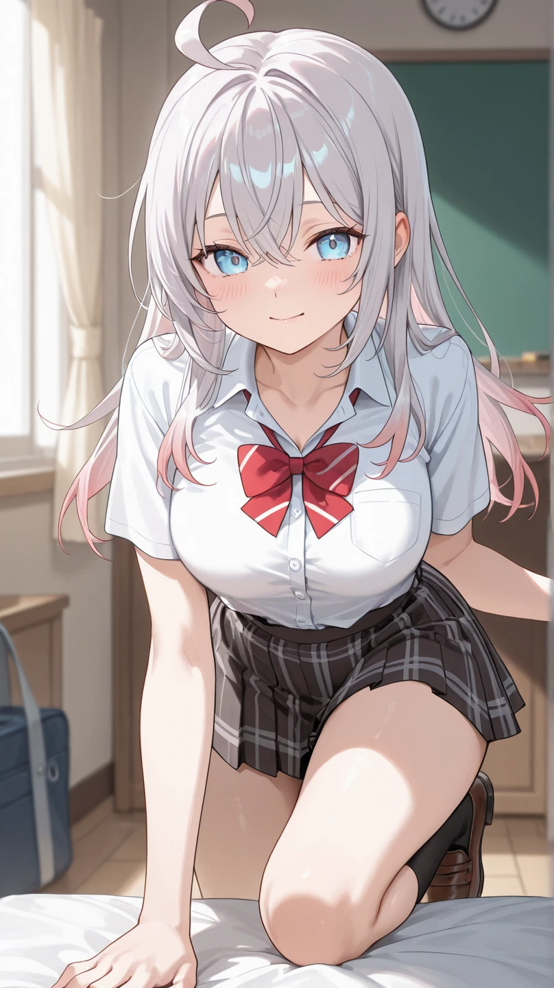 1 girl, underwear, skirt, alone, underwear, Chest, classroom, shirt, bow, lexistg_hair, white_, skirt_lift, existindoor, Smile, Open_clothing, bowtie, navel, watch_exist_audience, clothing_lift, white_shirt, table, School_, blush, School_table, Bangs, yellow_hair, pleexisted_skirt, blackboard, No_OK, disseminate_leg, Brown_Eye, Jacket, Red_bow, Open_shirt, lifted_go through_Mine, closure_Mouth, Red_bowtie, collaRed_shirt, lexistg_sleeve, side lock, Comfortable_Chest, Dutch_angle, skirt_shirt, sitting, leave_Shoulder, big leg, Open_Jacket, Stomach, exist_table, suit, flashing, chair, Black_skirt,