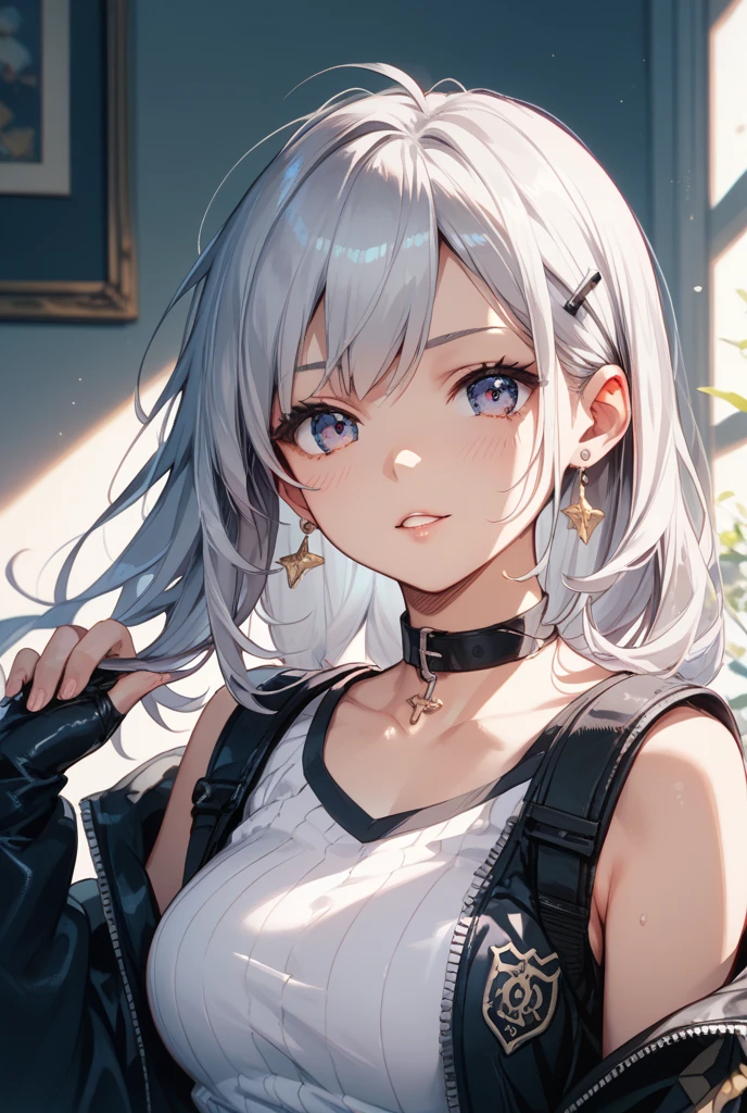(masterpiece, best quality:1.5), (ultra detailed, high resolution, 8k, beautiful detailed, UHD, best anatomy), 1 cute girl, white hair, medium breasts, got a hair band in his mouth, Hair is gathered by hand to the back of the head