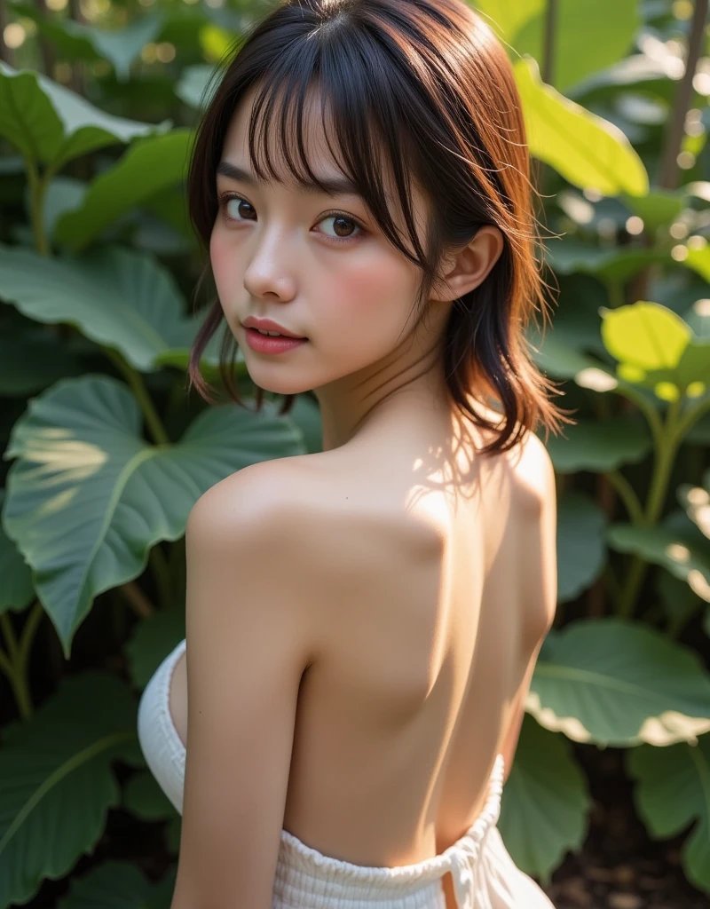 Caucasian 14 year old girl、background blur、Super high quality、sunlight、Bare shoulders、bare back、Bare feet、Deep slit open top dress、Fair-skinned beautiful girl、disheveled bob hair、small breasts、small breastsの谷間、A fleeting look、clear outline、Mature atmosphere、high definition skin、Fair and beautiful thighs、hostess、small butt、The hem is rolled up、side boob、With arms raised, armpits are visible、Looking back