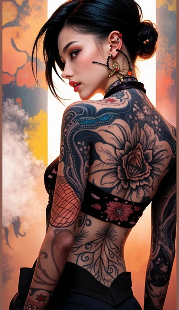 masterpiece、(highest quality: 1.4)、High definition、High resolution、(Realistic: 1.5)、Real、Raw photo、(Sharp Focus)、One girl,Goddess of the sky overlooking the world below、noble、Alluring、sexy、Eros、A kind smile、Accurate anatomy、(colorful_hair:1.1), Dragon tattoo on the back,(zenTangle, Mandala, Tangle, enTangle:0.6),(Fractal Art:1.5),The most beautiful form of chaos,Brutalist Design, Brown eyes, pet dragon、((See-through goddess costume、Beautiful design that fits the body))、((Beautiful Face、Detailed face、Perfect proportions、Big Tits、Narrow waist、navel、Big Ass、Crotch gap、Sexy thighs that make you want to touch them、Beautiful dragon tattoo on the back))、(Fractal Art:1.4)、