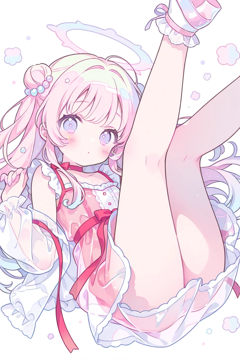 masterpiece,Highest quality,Official Art,Highly detailed CG Unity 8k wallpaper, beautiful girl, Long Hair, Light brown hair, Antenna Hair, Bobcut, Cherry Blossom Hair Accessories，light blush, cute face, Beautiful attention to detail, Aqua Eye, View your viewers, Hearts in eyes, heart-shaped psuperiorils, Embarrassing , shy, nose blush , blush, mischief_face, Endured_face, Cry with your eyes open, Grey Eyes, Shining Ideas Chest, Between the breasts, Let go of my chest, Saggy breasts, Shaking breasts, Exposing breasts,White and pink uniform,Light pink sailor collar, just_shoulder, Crop top, Light pink sleeveless shirt,White princess stockings with pink trim in transparent high quality silk,Jade foot display，Close superiors of the soles of the feet，Fair skin，Full body photo，No shoes，Fetal_Location, foot_superior, seiza, Pee, humiliation, X-ray/cross section/internal_ejaculation,
