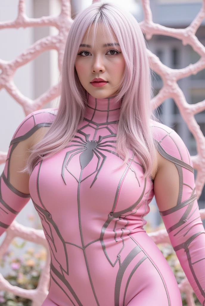 sexy girl in a spiderman cosplay that is pink and purple
