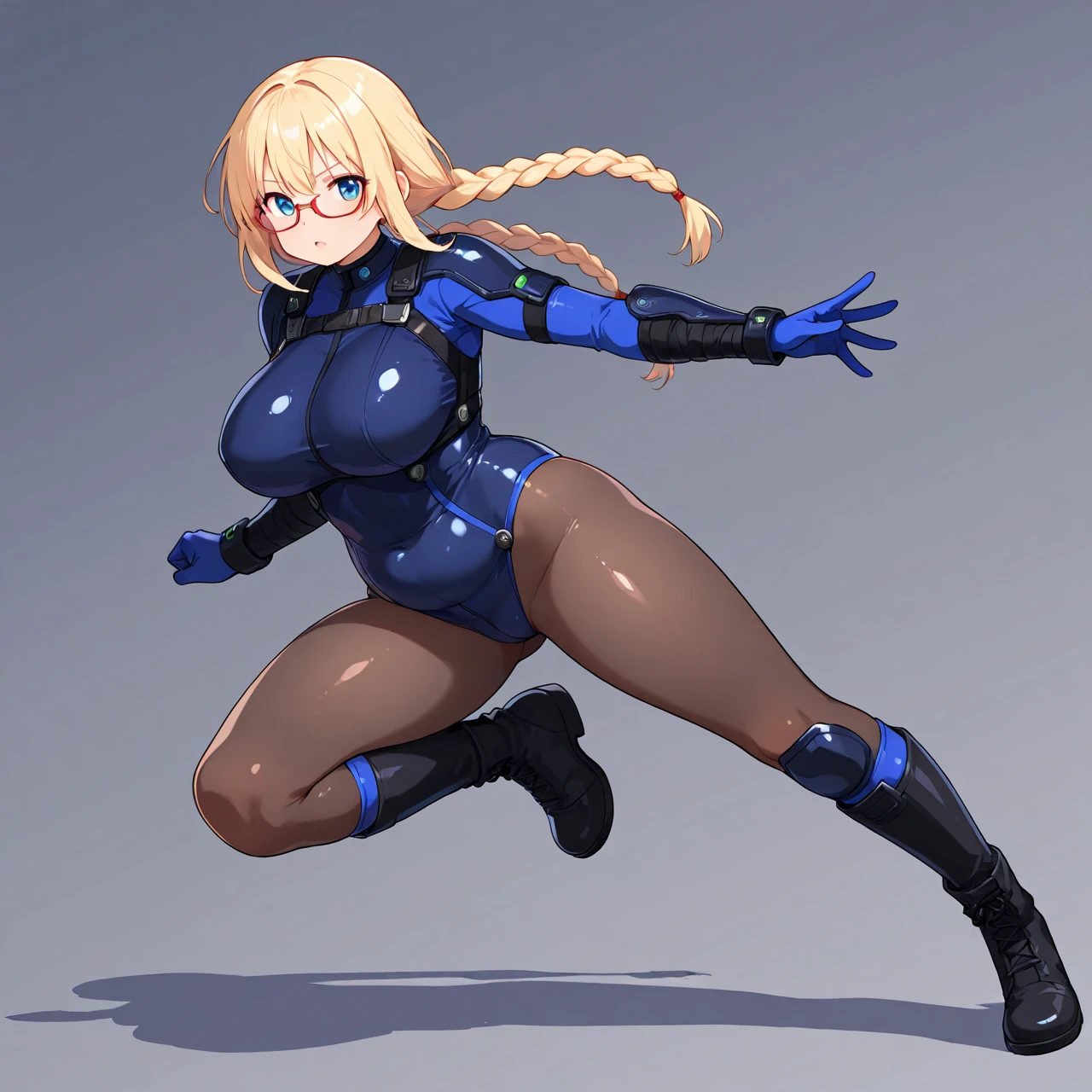 ((masterpiece)), (((best quality))), (character design sheet, same character, front, side, back), Illustration, (masterpiece), (best quality), (high res), 1lady, tall body, beautiful detailed eyes, beautiful detailed face, smiling, somber face, soft features, freckles, (perfect hands), complete fingers, perfect anatomy, perfect proportions, 26 years old, ((ginger hair, bright orange hair, curly hair, ponytail)), ((green eyes)), ((tight leotard, one piece leotard, light blue leotard, sky blue leotard, blue theme, all blue costume, light skin, cheeky leotard, bare legs, thong leotard, matching leotard, long tight sleeve, heart-shaped boob window, cleavage, tight turtle-neck collar, navy blue stockings on legs)), ((boots, matching boots, skin tight boots, tight ankle-high boots, navy blue boots)), breasts, medium breasts, perky breasts (full body portrait), solo, solo focus, standing, character sheet, multiple angles, wearing the same clothing for each angle, identical look per angle, (long sleeves, navy blue gloves), (navy blue heart symbol on chest), full body costume design. (simple background, white background: 1.3), Beautiful face、Reference Sheet,Triangular diagram, action poses, dynamic poses,
