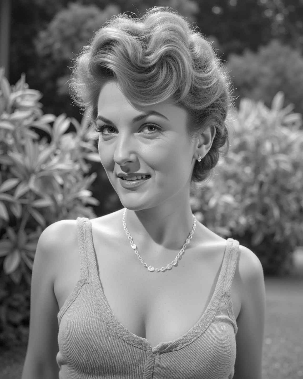 Joan Fontaine wearing diamond earrings completely naked and smiling