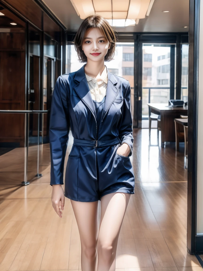 ((top-quality、8K、​masterpiece: 1.erfect Body Beauty: 1.4、Slender Abs: 1.2、Beautiful woman with slender abs:1.3、(Highlight Haircutreast B Cup:1.2), medium breast, round shape breast, perfect shape breast, ((horse riding suit))  ),  necklace, hyperdetailed face、18year old、 Pretty women、(Dark brown short-cut hair), Slim Face、Highly detailed facial and skin texture、very detailed lips、opens legs、top-quality、​masterpiece、超A high resolution、(Photorealsitic:1.4), walked forward confidently, long shot , solid color background