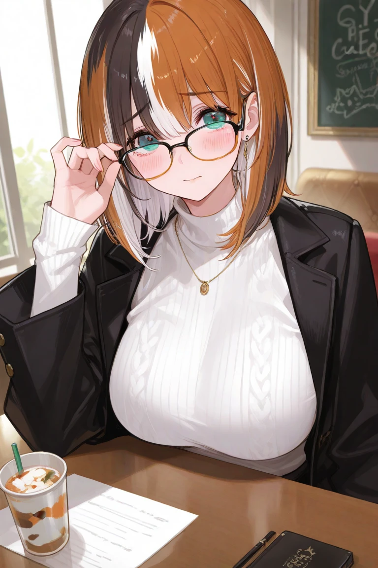 列奥纳多·da Vinci, da Vinci, blue eyes, Brown hair, Glasses, Long hair, 半无框Glasses, 下框Glasses,
rest blue jacket and red tie and white shirt and red and white shirt,
rest looking at viewer,permanent, Lean forward, (Put your hands behind your back:1.2),
rest indoors,
rest (masterpiece:1.2), best quality, high resolution, Unity 8K wallpaper,Not suitable for working hours ,(illustration:0.8), (Beautiful and delicate eyes:1.6), Extremely detailed face, Perfect lighting, Extremely detailed CG, (Perfect hands, Perfect anatomical structure)A hand holding a beer bottle,Super big breasts