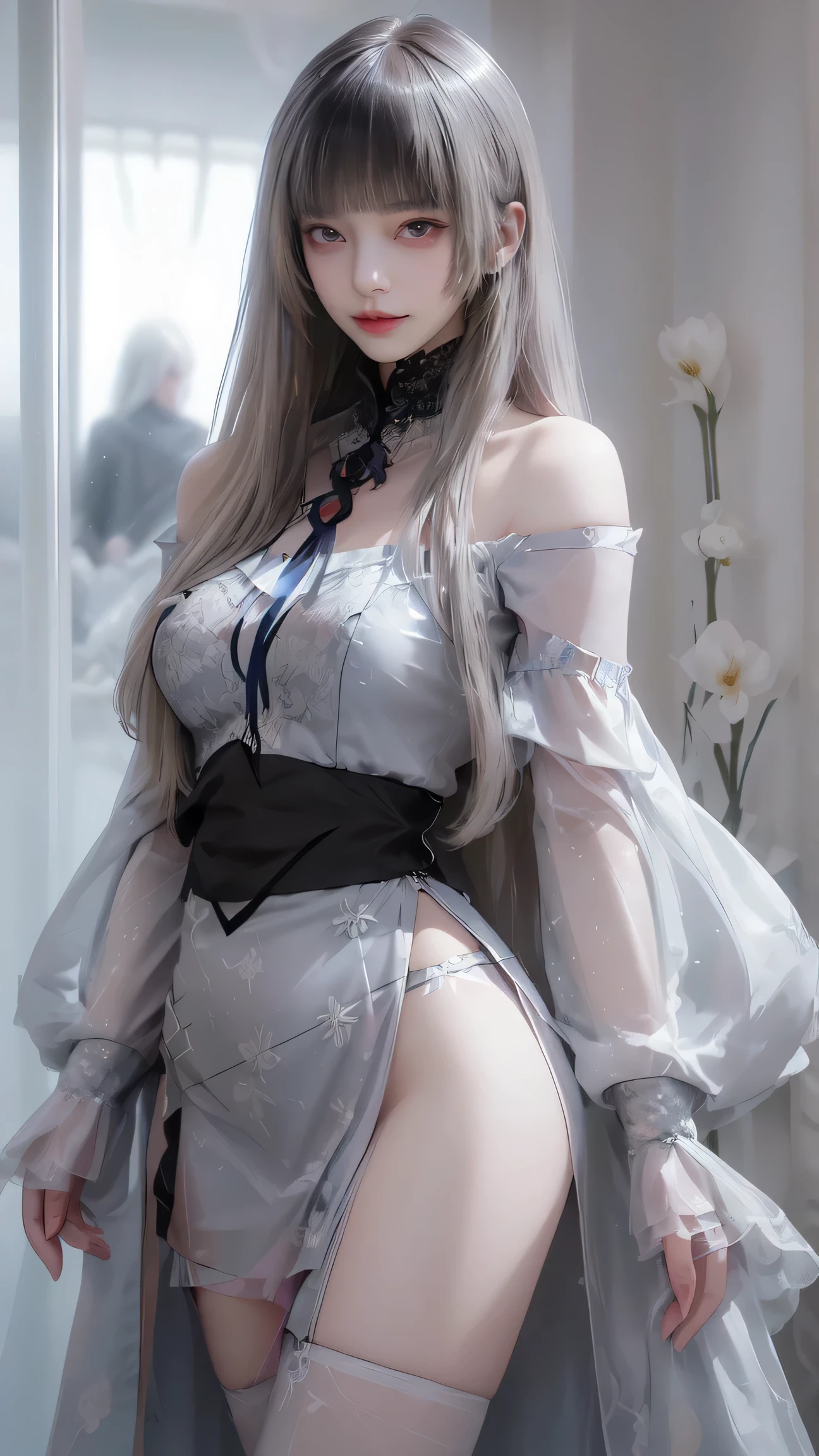 1girl in,  Long hair, Straight hair, Sparkling eyes, PUPILS SPARKLING, longeyelashes, makeup, Smile, Modern, depth of fields, One-person viewpoint, POV, close-up, Wide Shot, From below, wide angles, F/1.8, 135 mm, canon, nffsw, retinas, ((A girl standing in front of the theater stairs)）、 （Golden white hair）((A girl standing in front of the theater stairs)）、((posterior view))、((Looks Back)),(portlate、bright expression、Young shiny shiny white shiny skin、Best Looks、ultimate beauty girl、The most beautiful platinum blonde hair in the world、shiny light hair,、Super long silky straight hair、Beautiful bangs that shine、Glowing crystal clear attractive blue eyes、Very beautiful nice cute 16 year old girl、Lush bust、、 Silver hair, Bangs, Blunt bangs, Long straight hair, aqua eyes, longeyelashes, Solid Circle Eyes, makeup, Open mouth, blush, Parted lips, Bright pupils, smiley, Seductive smile, glint, surrealism, Modern、Black pantyhose、high-heels、mix４、（(Pure white dress、Floral dress、、off shoulders、lift up skirt: 1.6)）、Skyscrapers are hazy in the windows、(((Skirt flutters in the wind、soar:1.4))),(((White thong panties are visible:1.6))),((Raise the hem of the skirt with your hands))