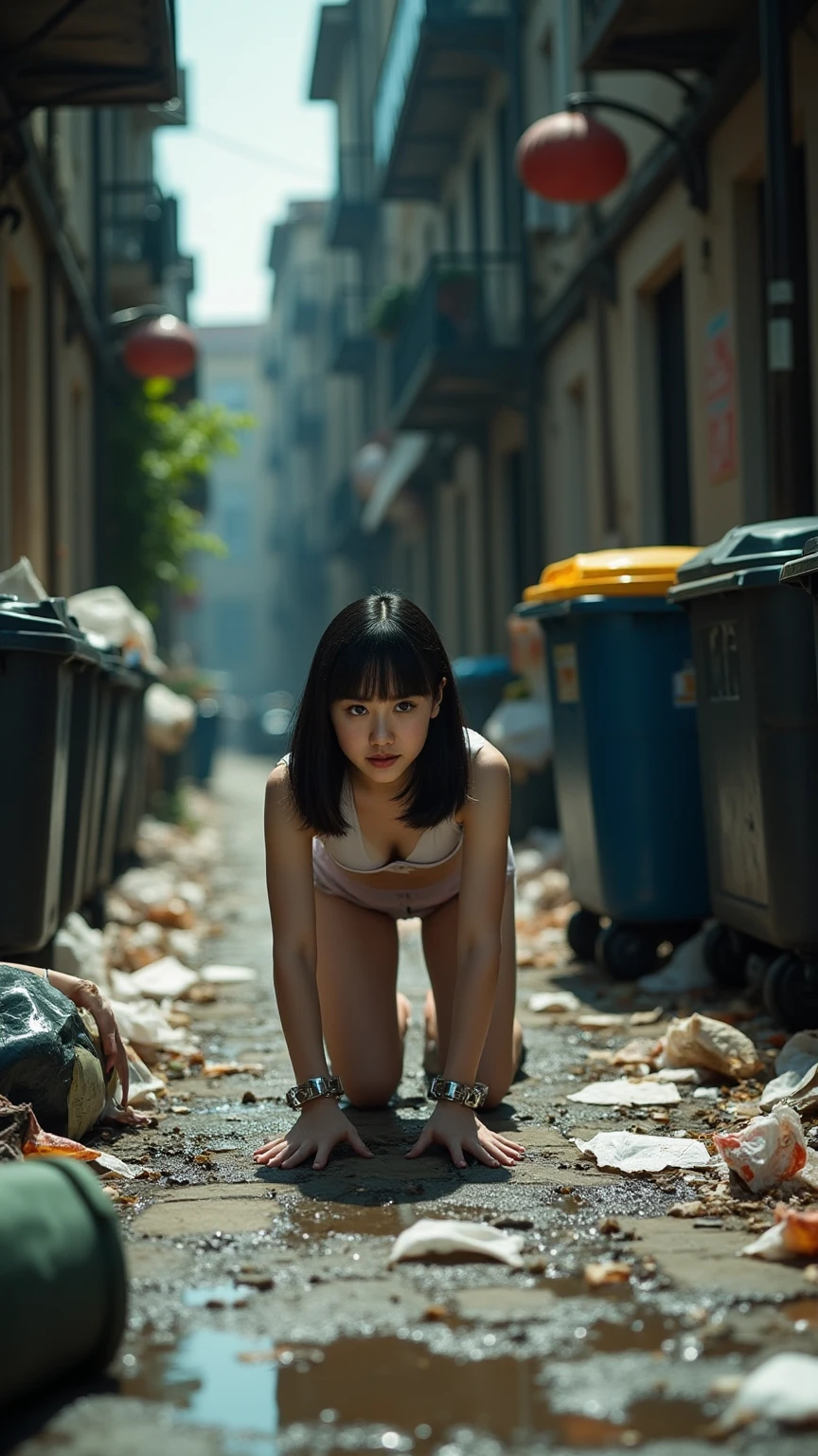 abandoned toilet,Light pink transparent bikini,cabelos preto e longos,Long hair and waist,No coat,Very few clothes,Extreme exhibitionism,Sexy standing pose,Garbage all over the ground,grimy,Dilapidated,Devastated,best qualtiy,full-body portraits(1:1),18 years old girls,lean and slender body,Skinny,Smaller bust,The barefoot,junk,Leakage of the entire breast,Naked all over the body,face to the viewer,Nude 1.1