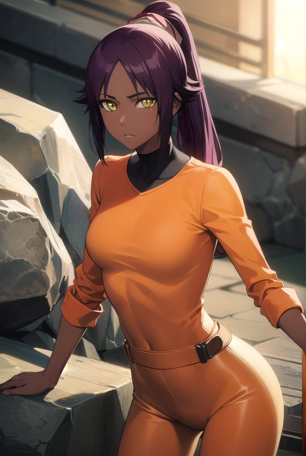 yoruichishihouin, yoruichi shihouin, long hair, (yellow eyes:1.5), ponytail, purple hair, dark skin, dark-skinned female,
BREAK bodysuit, black bodysuit, bodysuit under clothes, (orange shirt:1.5), long sleeves,
BREAK outdoors,
BREAK looking at viewer, (cowboy shot:1.5),
BREAK (masterpiece:1.2), best quality, high resolution, unity 8k wallpaper, (illustration:0.8), (beautiful detailed eyes:1.6), extremely detailed face, perfect lighting, extremely detailed CG, (perfect hands, perfect anatomy),