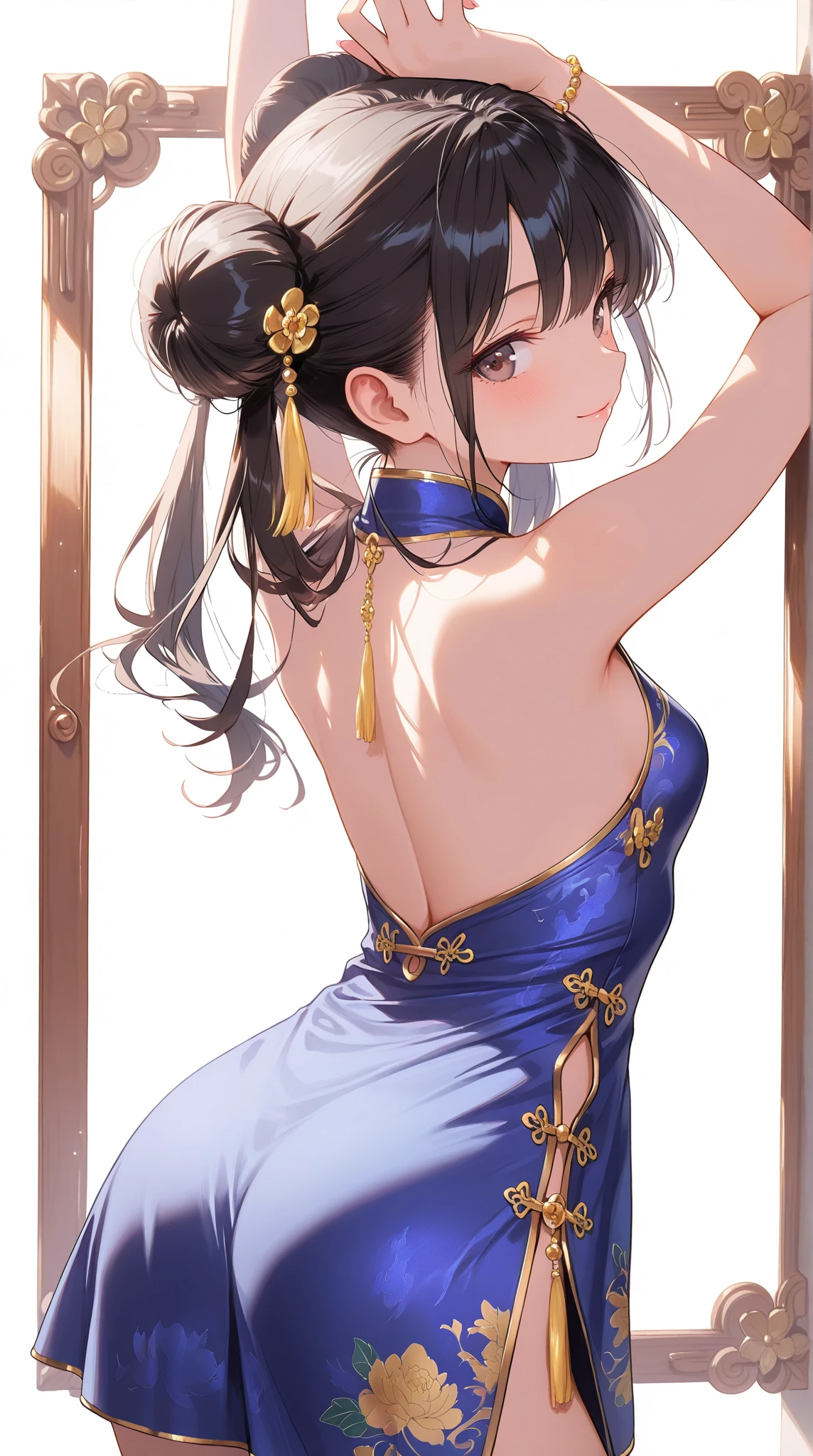 best quality, masterpiece, (独奏:1.2), (1 Female:1.2)、Age 25、Larger breasts、(Slender figure)、(from side:1.2)、(One leg up pose:1.2)、(Dynamic)、(Blue Chinese Dress:1.2)、(Thighs)、(White highlight in pupil:1.2)、Dark blue eyes、(Black-haired:1.2)、Straight bangs、(Long Hair)、(View your viewers:1.2)、White skin、(blush)、(Brave expression)、(The paint on the characters is flat.)、(I blur the background a lot to make the woman stand out.:1.3)、(Half backlight)、Beautiful flowers in the background