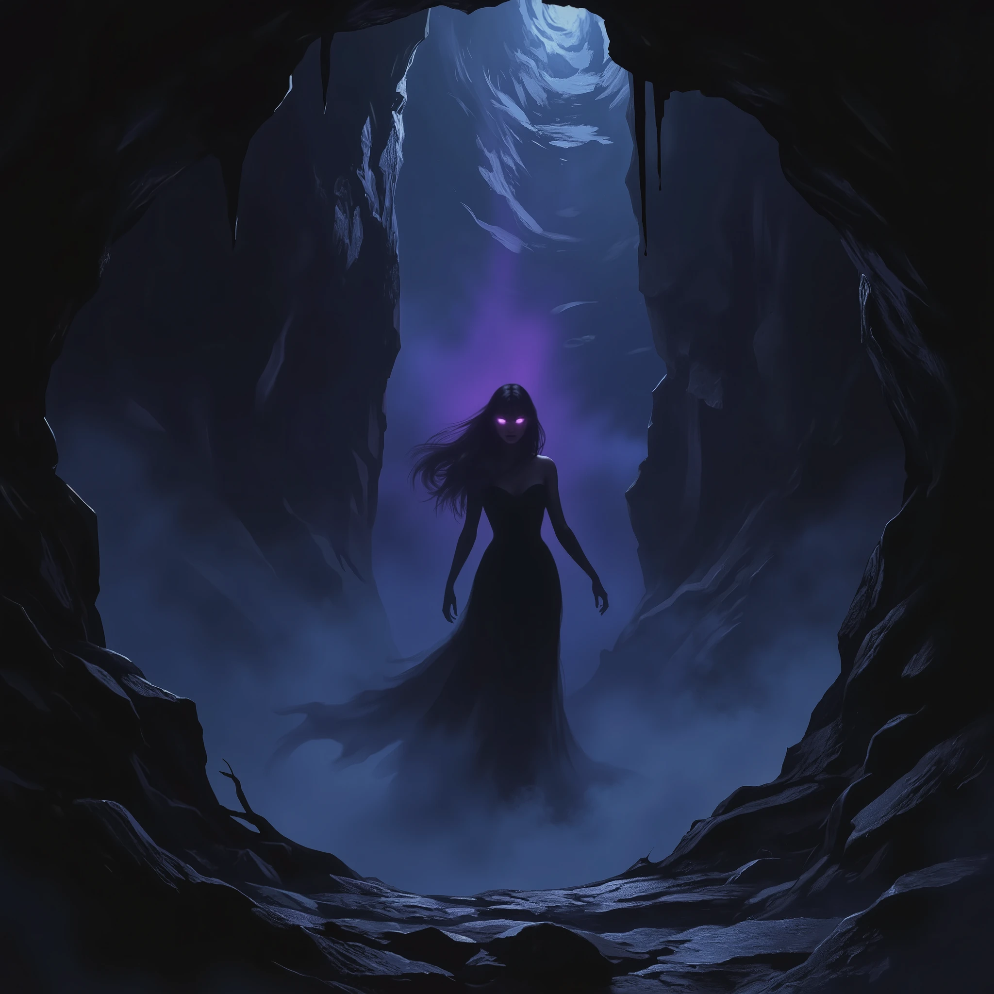 (digital art, masterpiece, high quality, 4k, dark fantasy, mystical, atmospheric, event art)
A cave shrouded in dense shadows, devoid of any source of internal light, where the texture of the environment is shaped like a mysterious veil. The view is from outside the cave, looking in, revealing the dark and oppressive depth of the space. In the center of the darkness, a faint female silhouette emerges from the shadows: barely perceptible, a faint and ethereal outline, dressed in a long, flowing dress that blends into the shadows around her. Her extremely long black hair reaches the ground and moves like liquid shadows in dancing, random strands. She moves subtly, inviting the observer to follow her into the darkness. The only elements that break the darkness are her glowing eyes, sparkling intensely in a deep and vivid purple, like mystical gems reflecting cosmic light. The cave entrance behind her serves as the only source of light, casting dramatic shadows and highlighting the texture of the surrounding walls. The atmosphere is enigmatic, hypnotic, and charged with the hidden energy of the shadows."