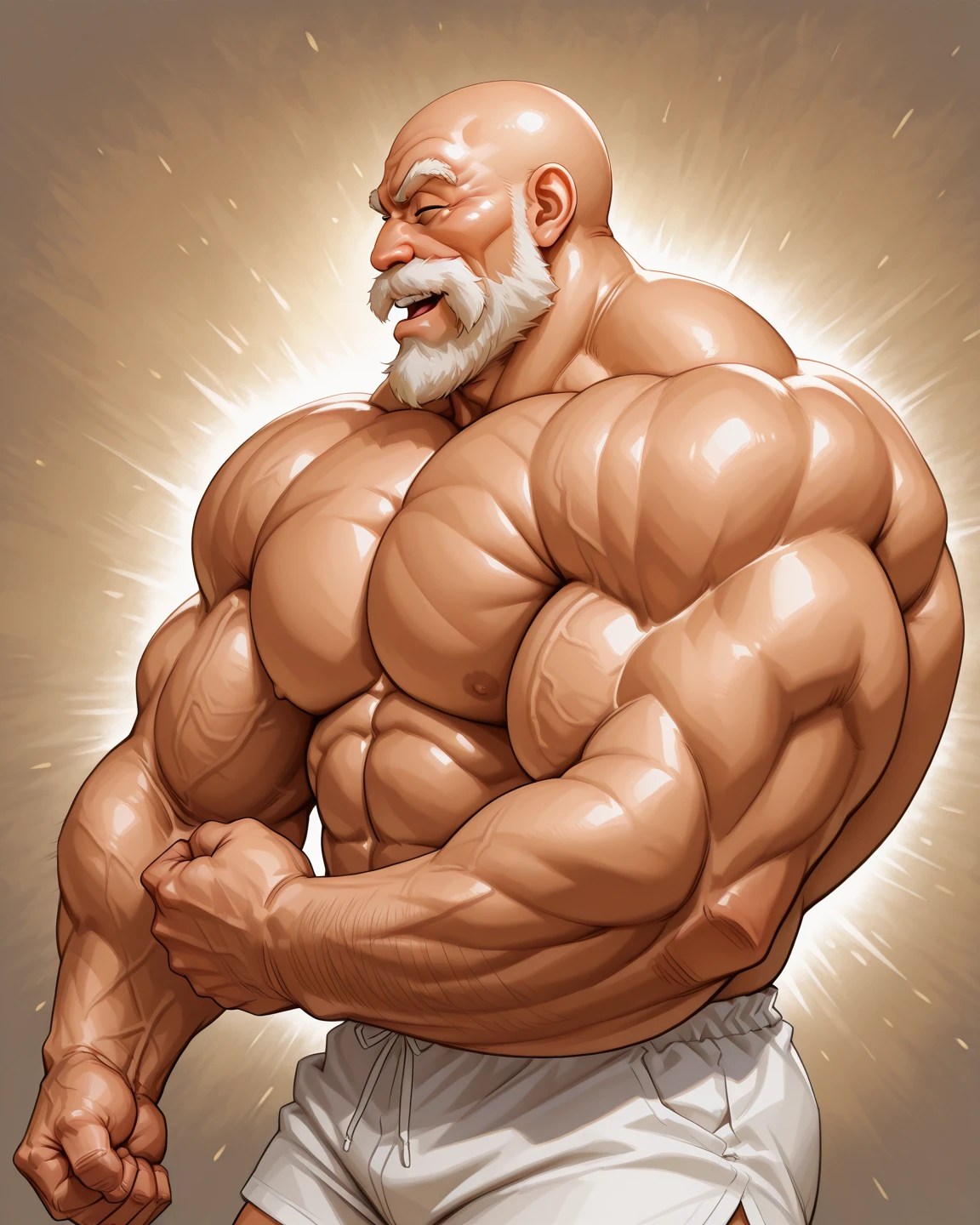 Magazine cover. solo, 1boy, perfect anatomy,devil, drone view, red skin, high shoot, up view, perfect proportion, laugh, sharp eyes, big eyes, angry, devil eyes, horn, devil tail, mad,, perfect fingers, big hand, fingers. Huge Muscular Old man with short hair, shoes ,(white shorts), view from side, pectoral, thick arms, huge pectoral, wide pectoral, white hair, white beards, simple background, masterpiece, semirealistic:1.2, high detailed, 8k, high resolution, perfect center, full view. ((really big muscle, massive muscular, sixpack, thick arms, wide pectoral, super huge muscle, hyper muscular, over sized muscle, huge arms, big arms, huge pectoral))