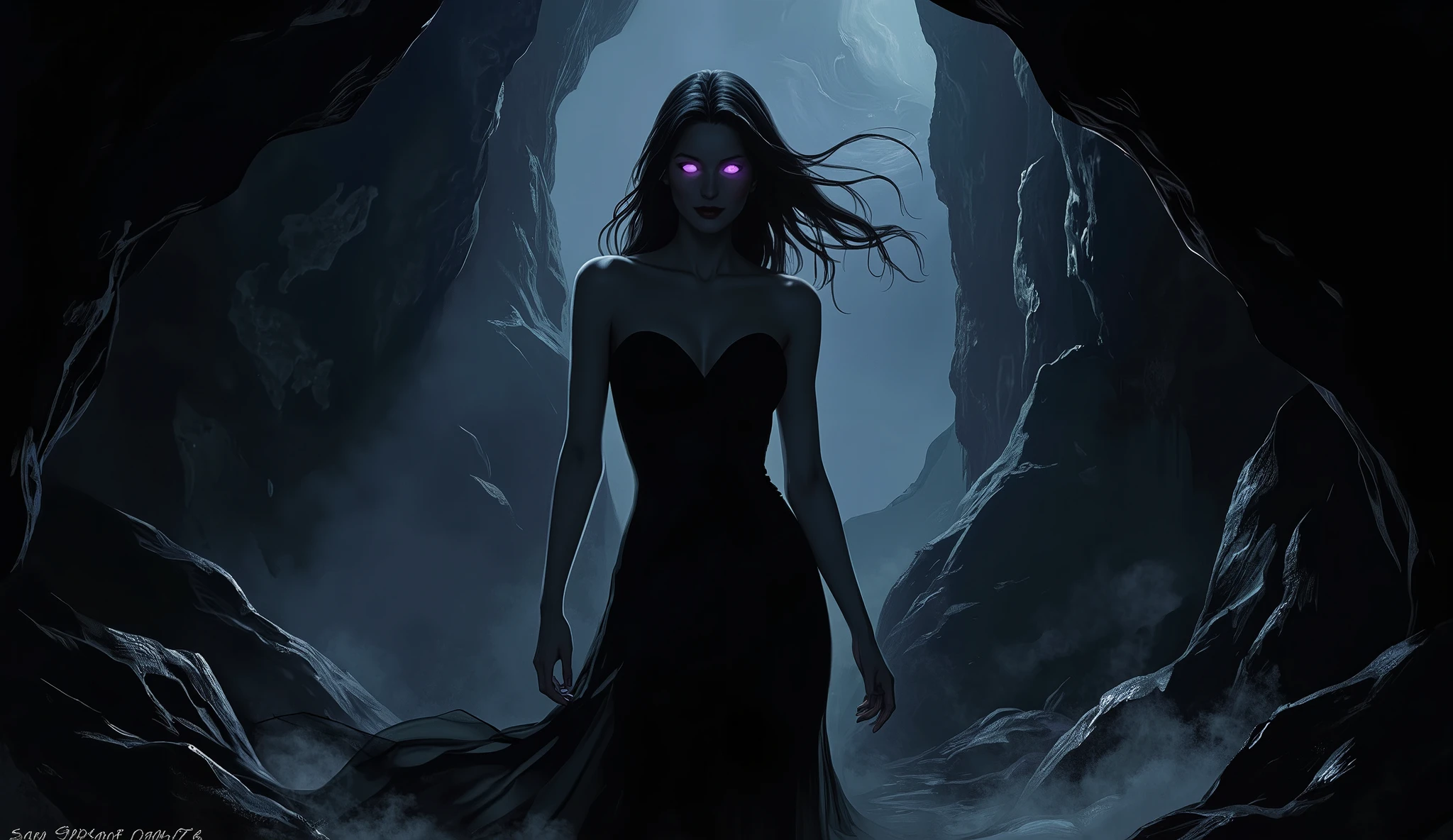 (digital art, masterpiece, high quality, 4k, dark fantasy, mystical, atmospheric, event art)
A cave shrouded in dense shadows, devoid of any source of internal light, where the texture of the environment is shaped like a mysterious veil. The view is from outside the cave, looking in, revealing the dark and oppressive depth of the space. In the center of the darkness, a faint female silhouette emerges from the shadows: barely perceptible, a faint and ethereal outline, dressed in a long, flowing dress that blends into the shadows around her. Her extremely long black hair reaches the ground and moves like liquid shadows in dancing, random strands. She moves subtly, inviting the observer to follow her into the darkness. The only elements that break the darkness are her glowing eyes, sparkling intensely in a deep and vivid purple, like mystical gems reflecting cosmic light. The cave entrance behind her serves as the only source of light, casting dramatic shadows and highlighting the texture of the surrounding walls. The atmosphere is enigmatic, hypnotic, and charged with the hidden energy of the shadows."